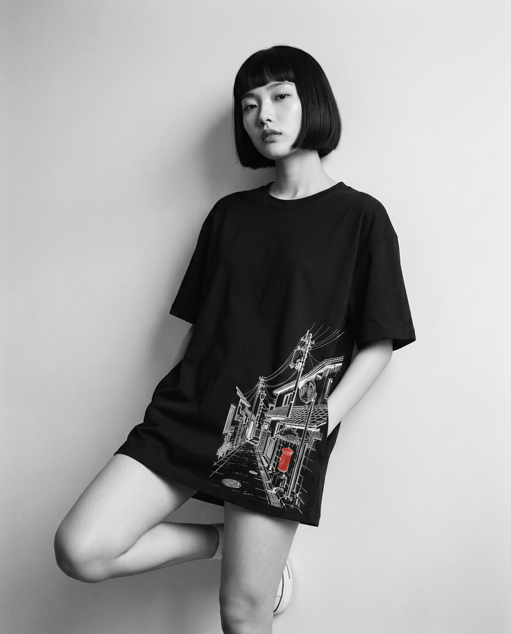 Nagi in the Kuroi Akari Koji Tee — leaning