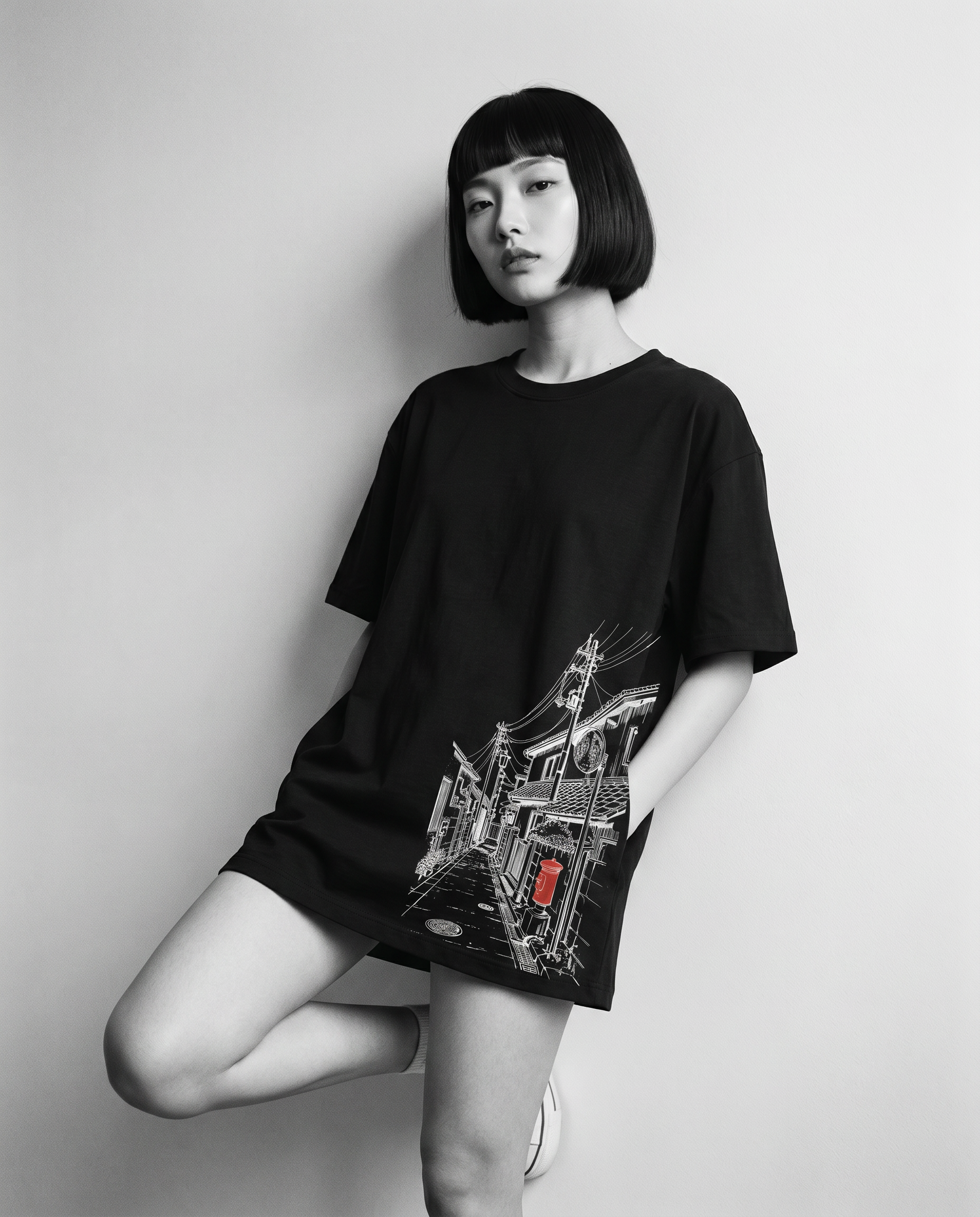 Nagi in the Kuroi Akari Koji Tee — leaning