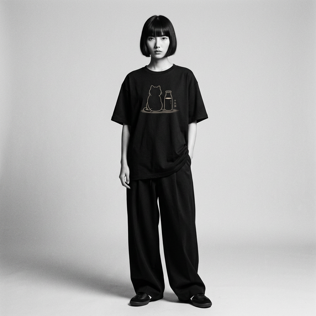 Nagi in the Kuroi Milk Bottle Cat Tee — standing