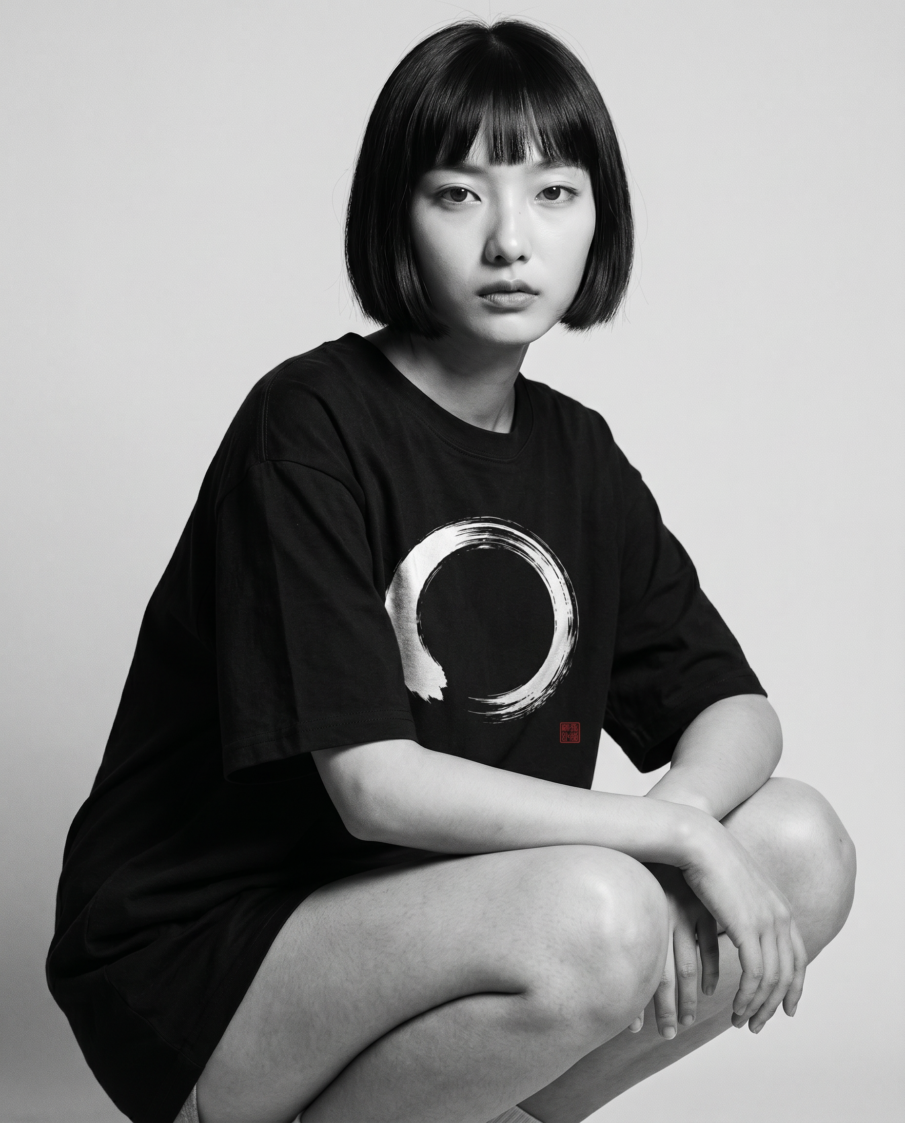 Nagi in the Kuroi Shizuka Brushstroke Tee — crouching