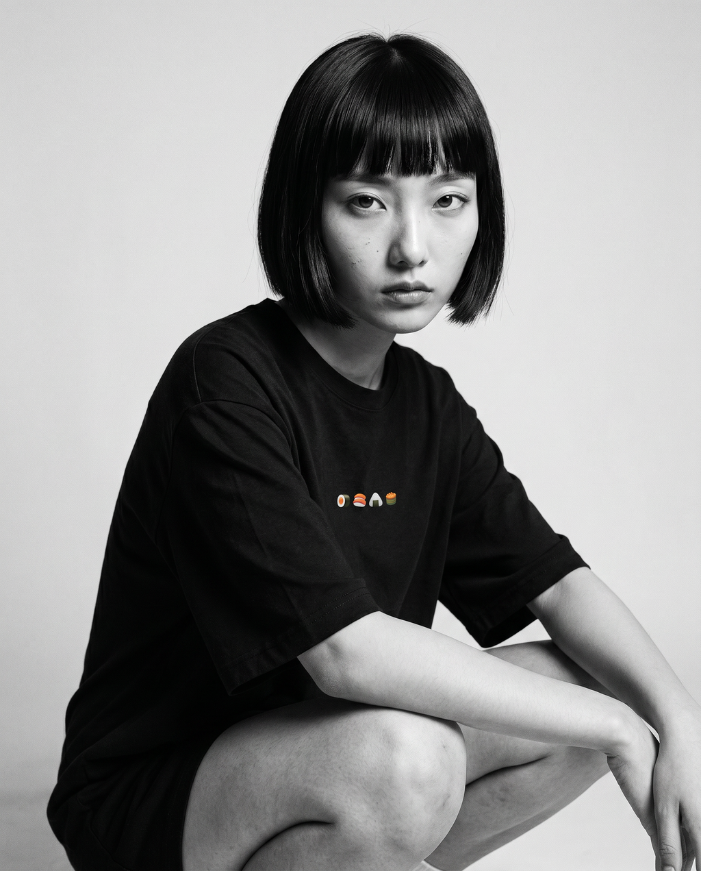 Nagi in the Kuroi Sushi Tee — crouching