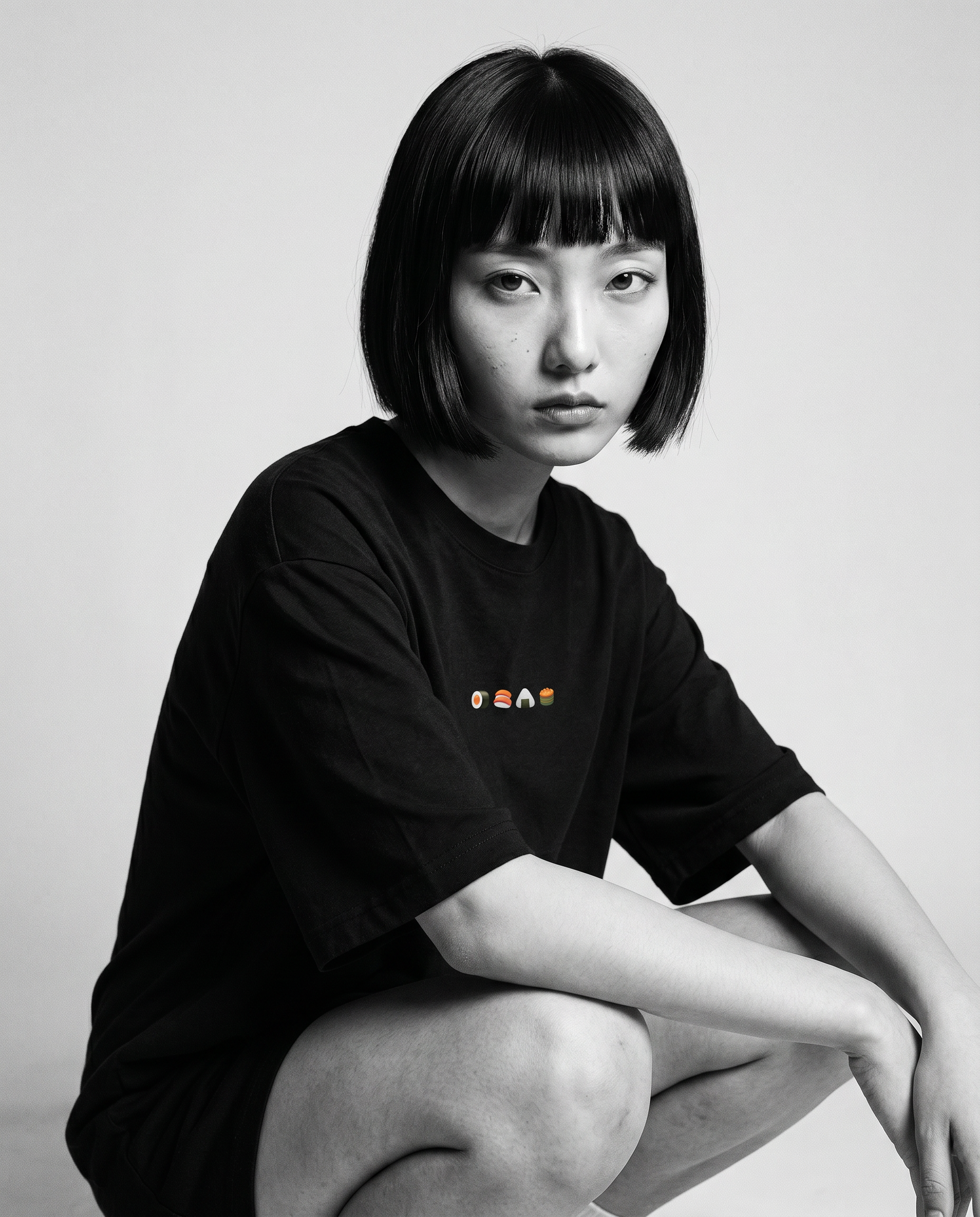 Nagi in the Kuroi Sushi Tee — crouching