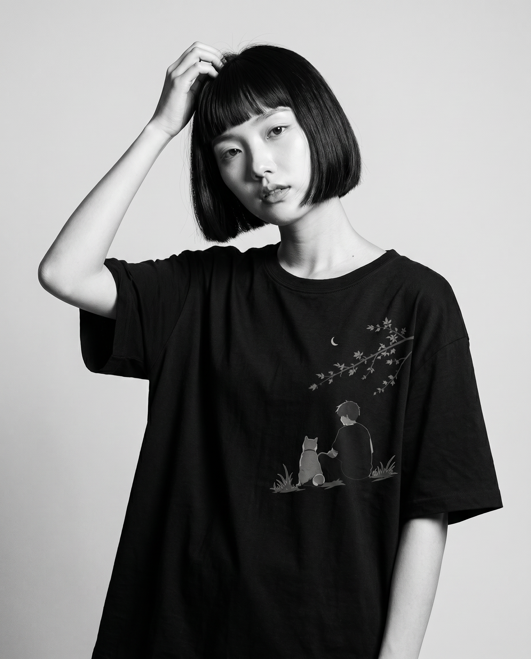 Nagi in the KUROI Shisaku Tee — hand in hair