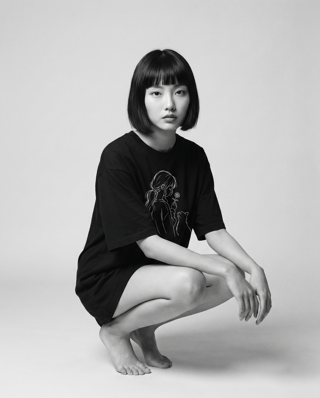 Nagi in the Kuroi Hana to Hige Tee — crouching