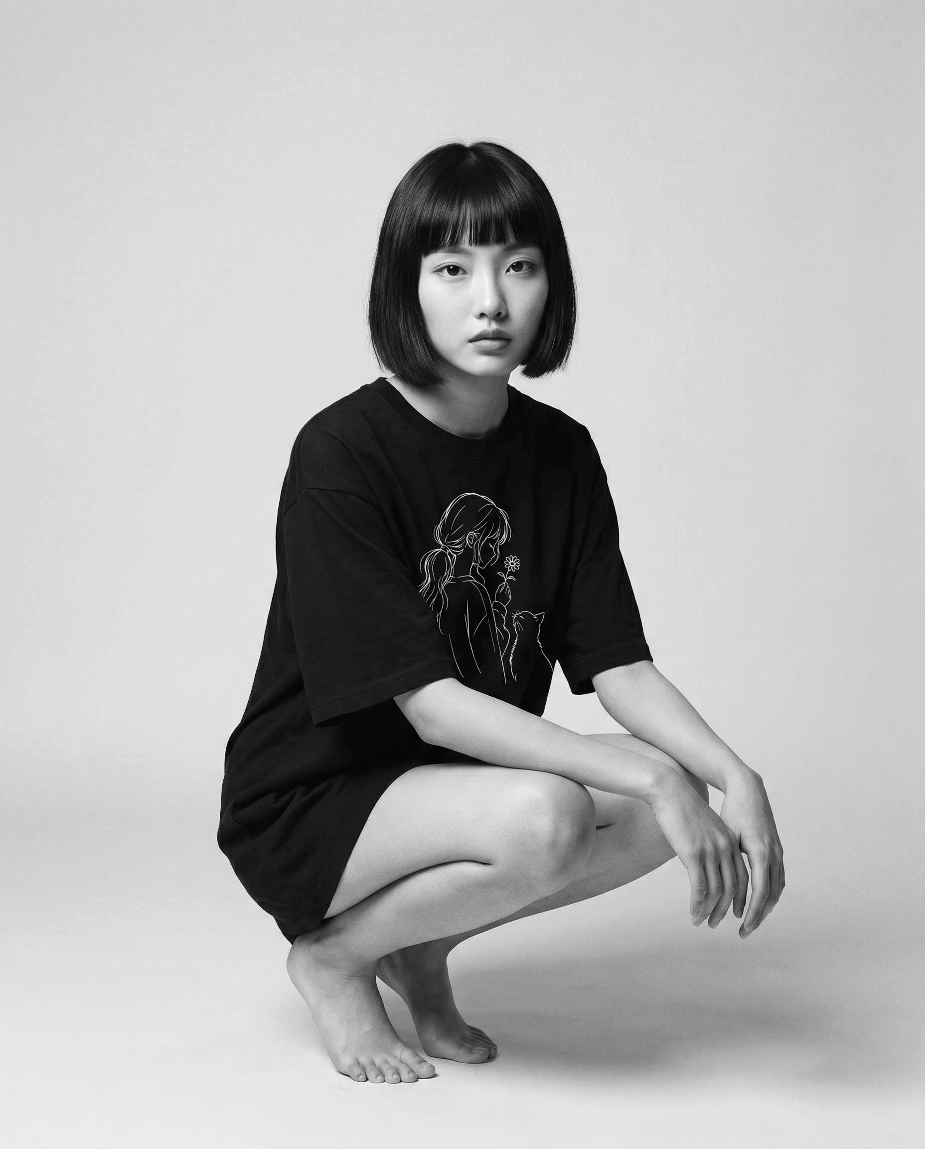 Nagi in the Kuroi Hana to Hige Tee — crouching