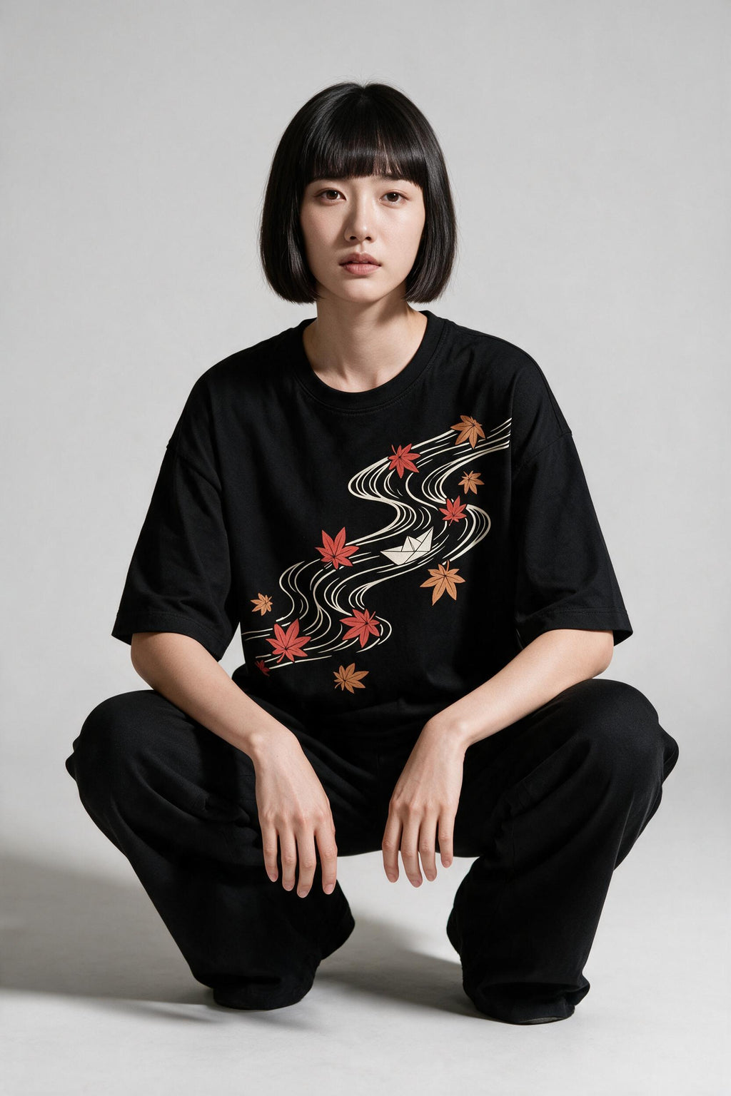 KUROI Momiji no Kawa oversized tee worn by model