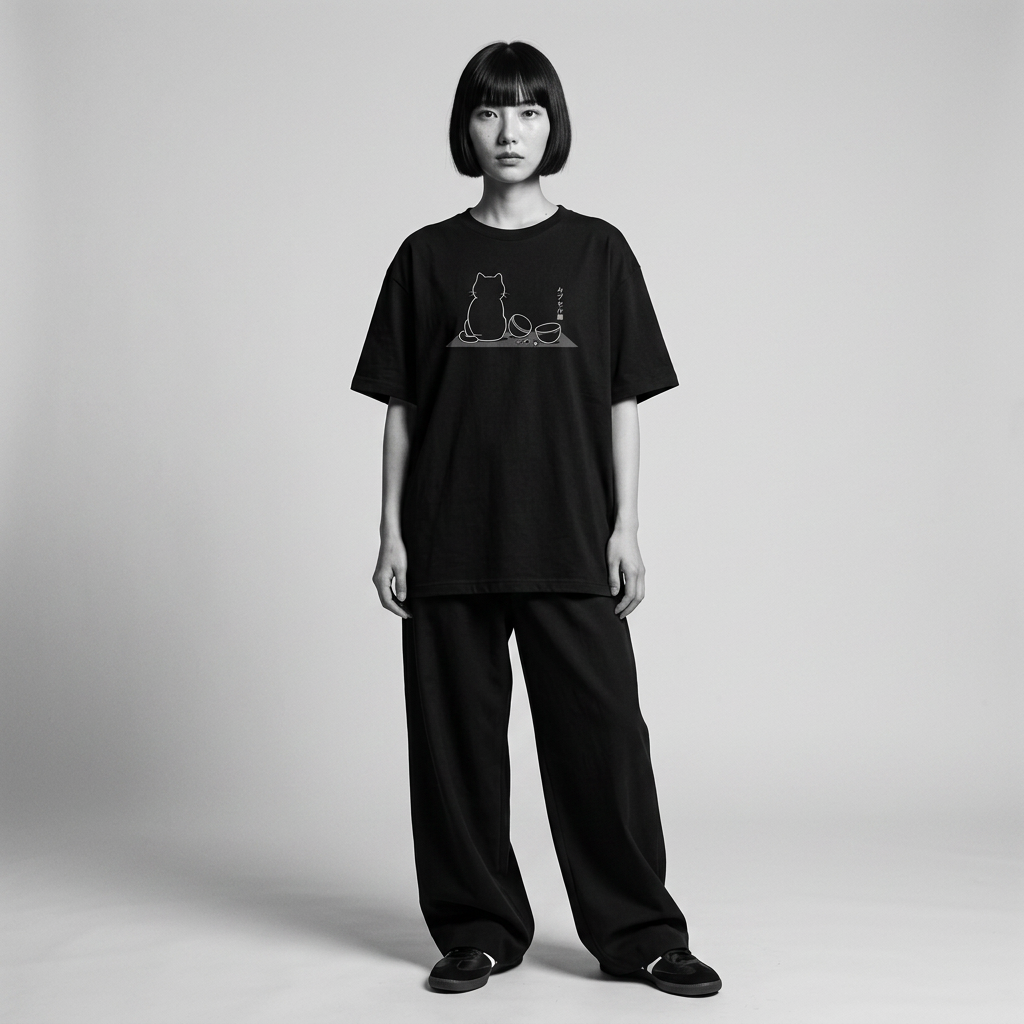 Nagi in the Kuroi Neo Capsule Cat Tee — standing
