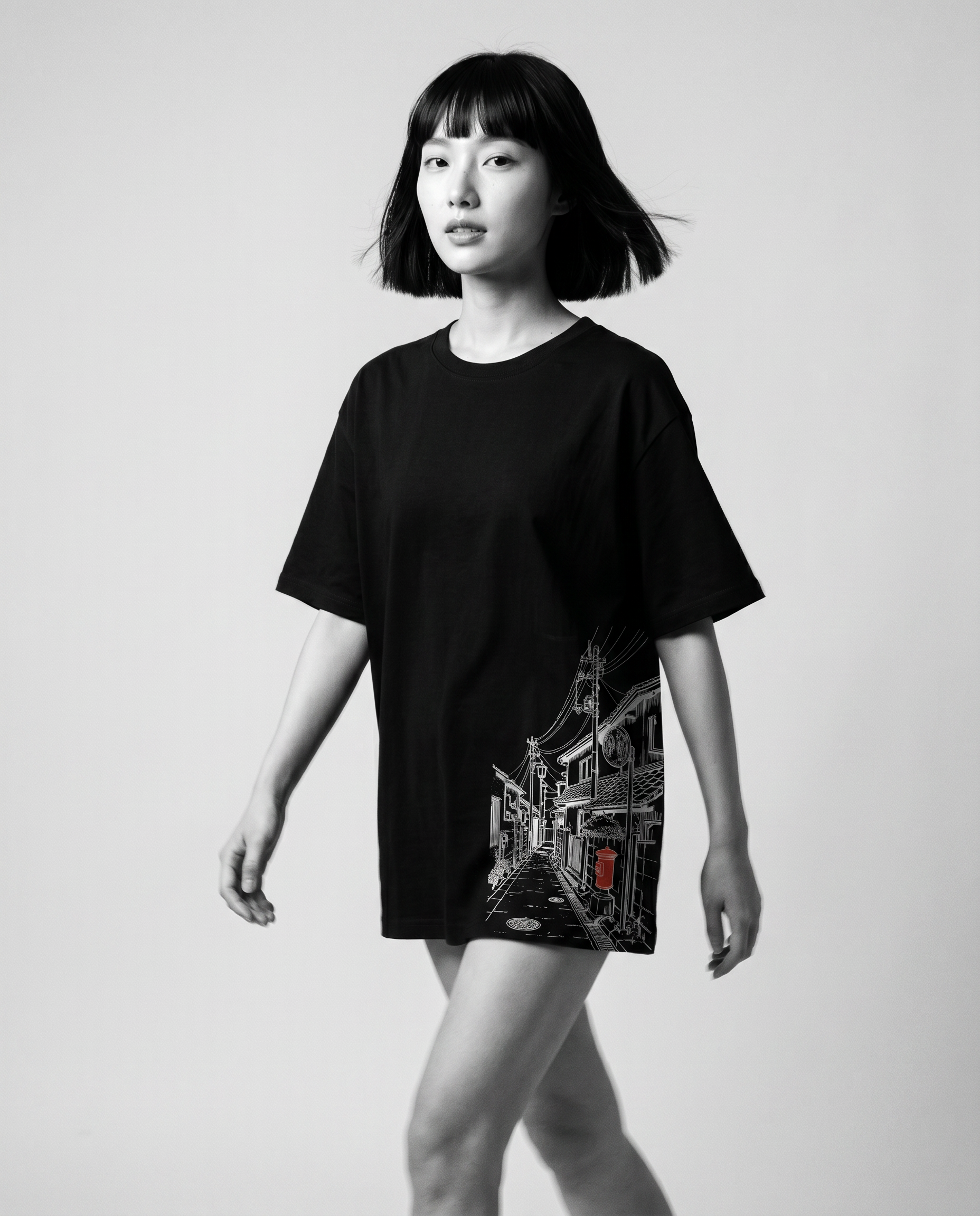 Nagi in the Kuroi Akari Koji Tee — walking