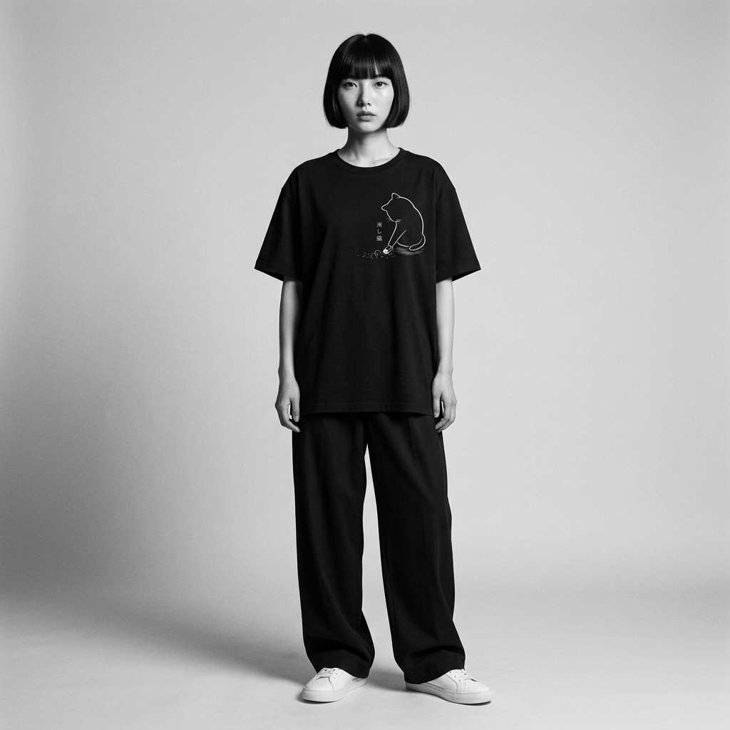 Nagi in the Kuroi Eraser Cat Tee — standing