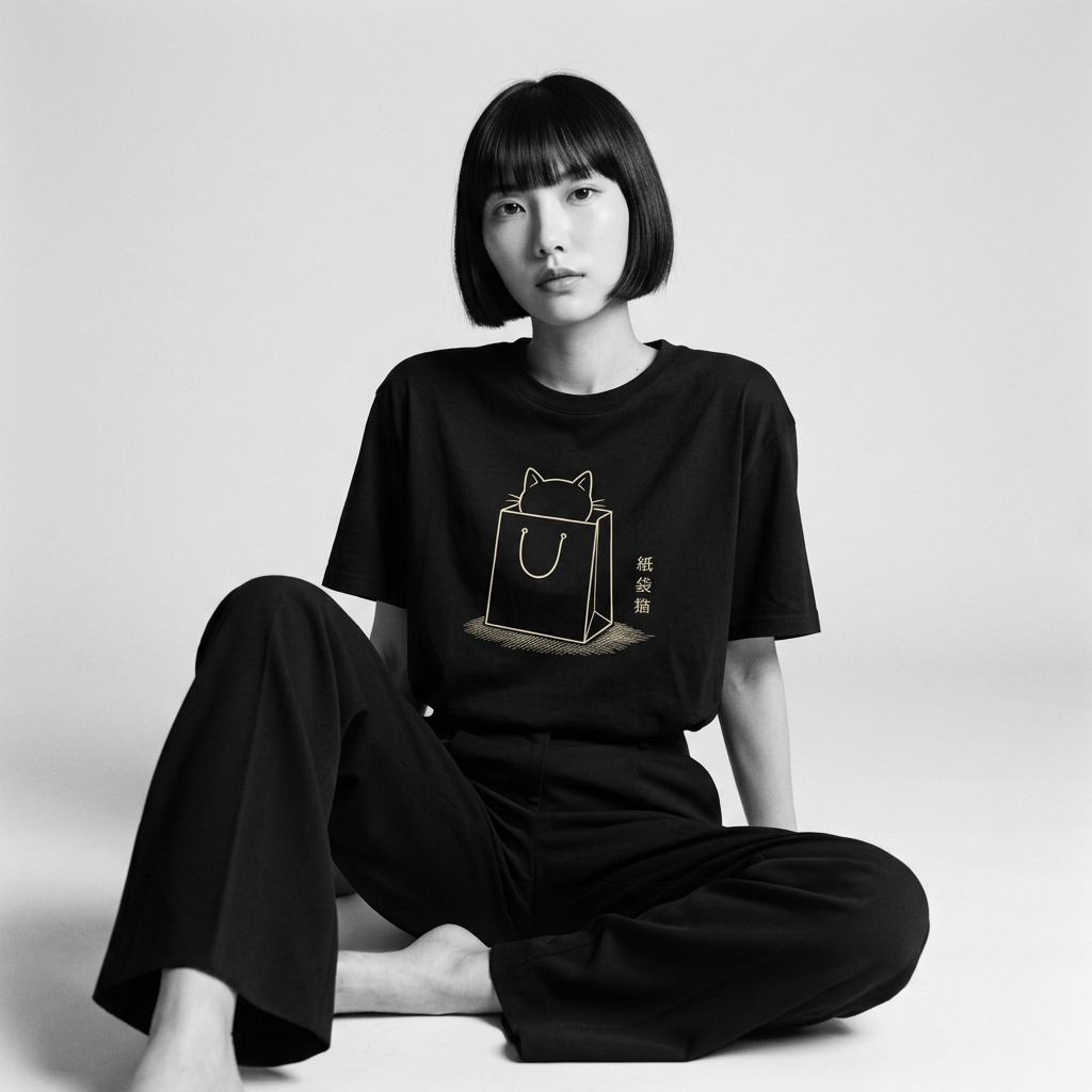 Nagi in the Kuroi Paper Bag Cat Tee — seated