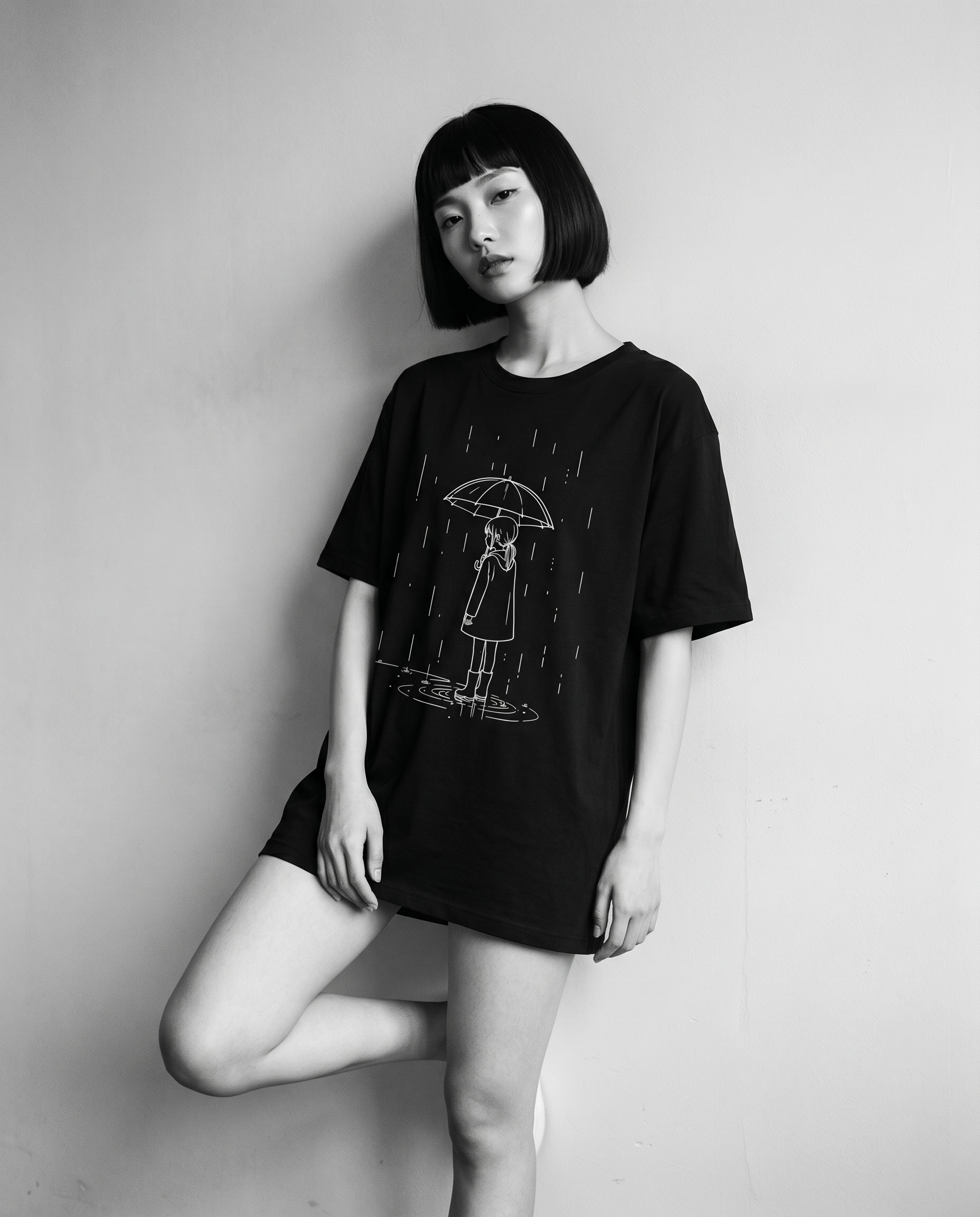 Nagi in the Kuroi Amamachi Tee — leaning