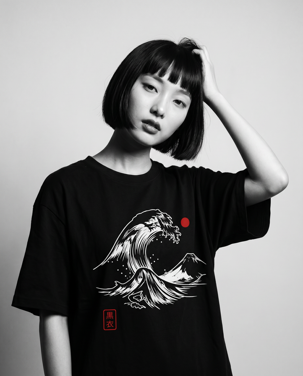 Nagi in the Kuroi Nami Wave Tee — hand in hair