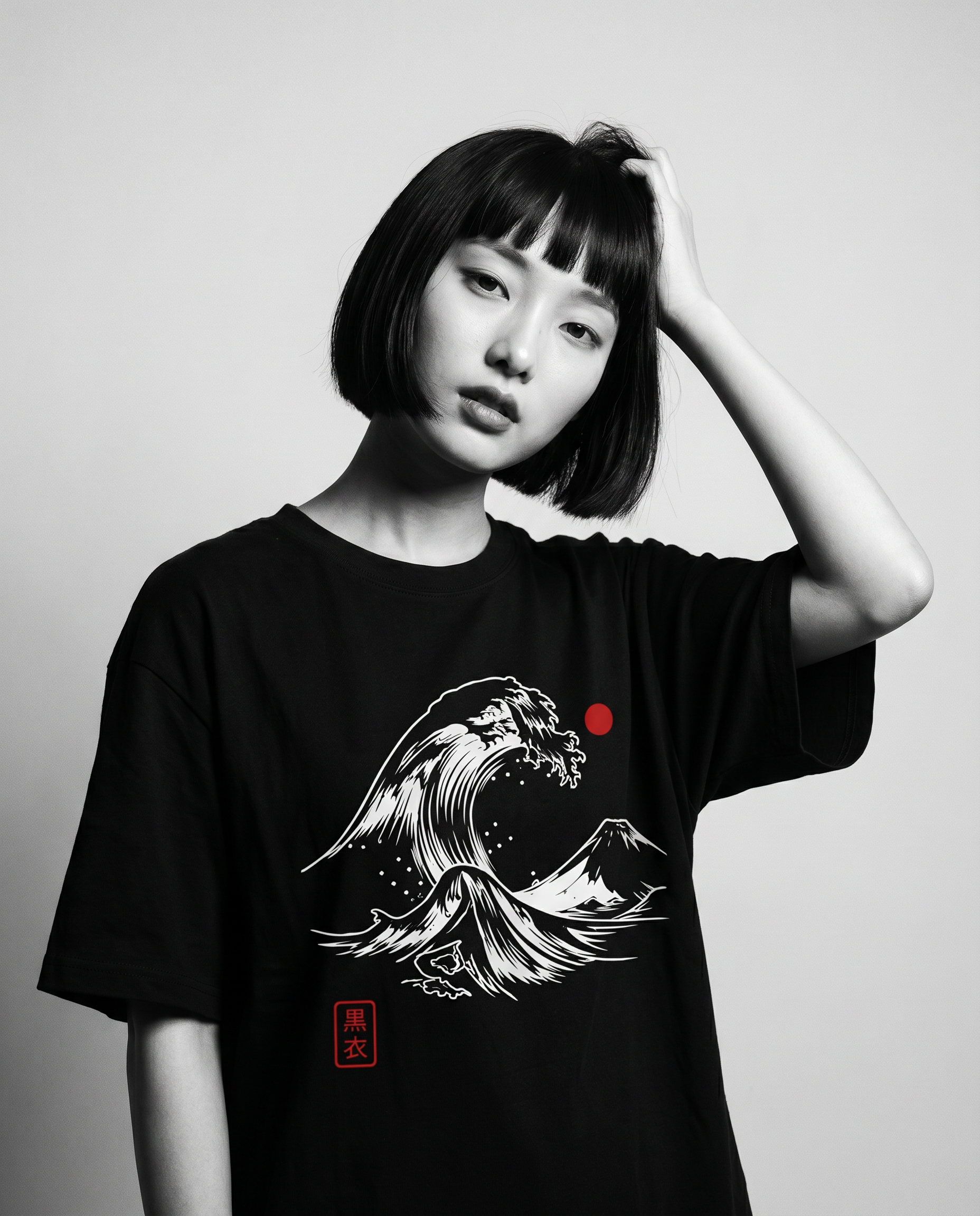 Nagi in the Kuroi Nami Wave Tee — hand in hair