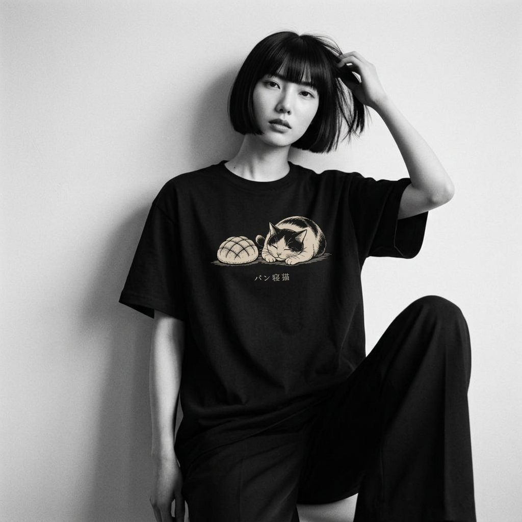 Nagi in the Kuroi Bread Nap Cat Tee — leaning