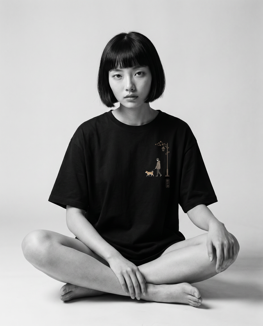 Nagi in the KUROI Sanpomichi Tee — seated