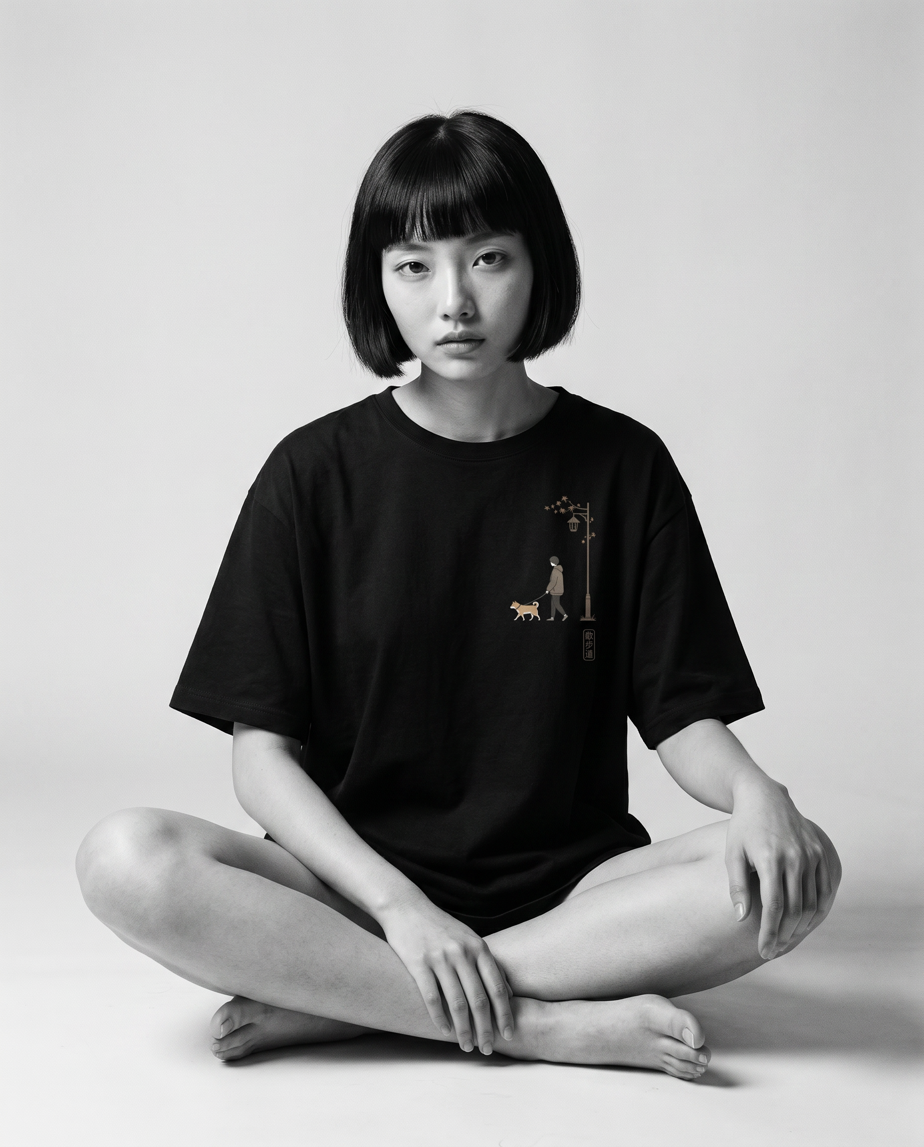 Nagi in the KUROI Sanpomichi Tee — seated