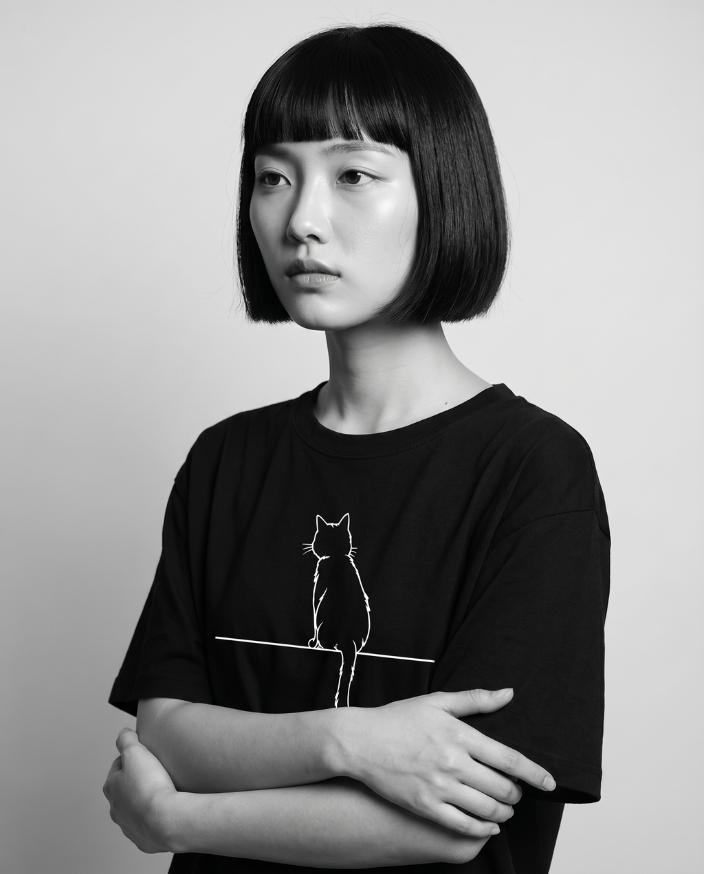 Nagi wearing the Kuroi Oversized Neko to Densen Tee — arms crossed