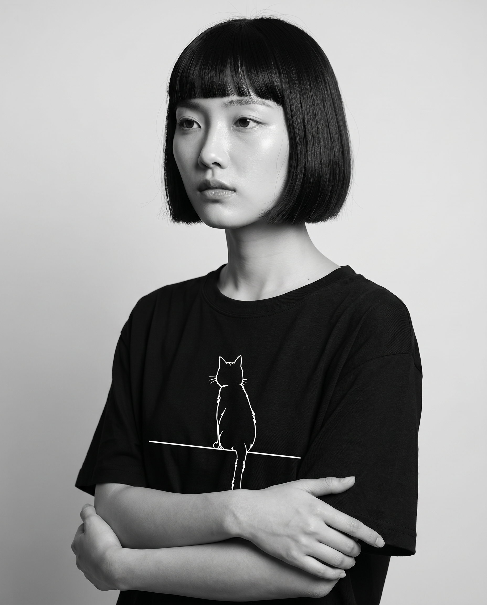 Nagi wearing the Kuroi Oversized Neko to Densen Tee — arms crossed