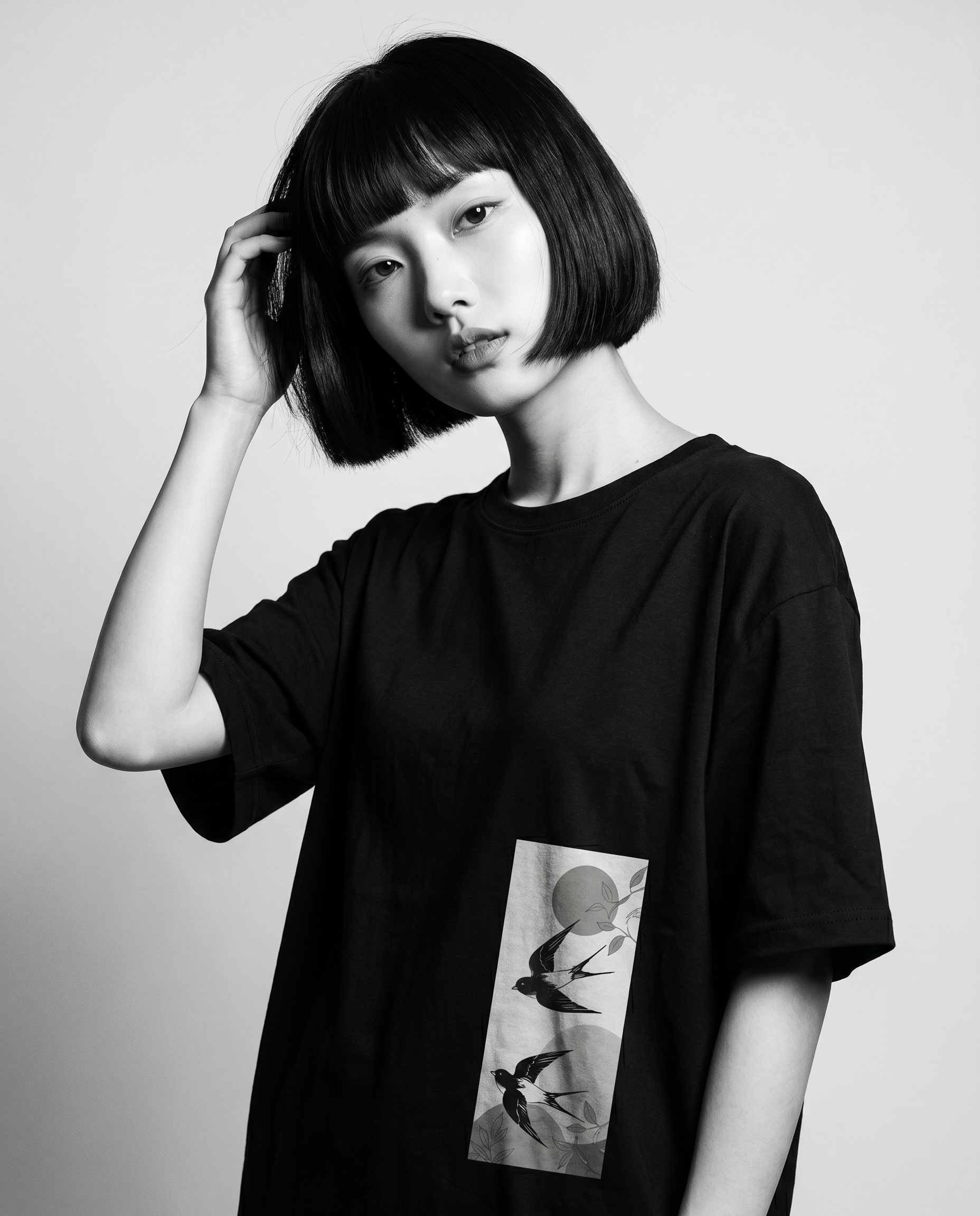 Nagi in the Kuroi Tsubame no Niwa Tee — hand in hair