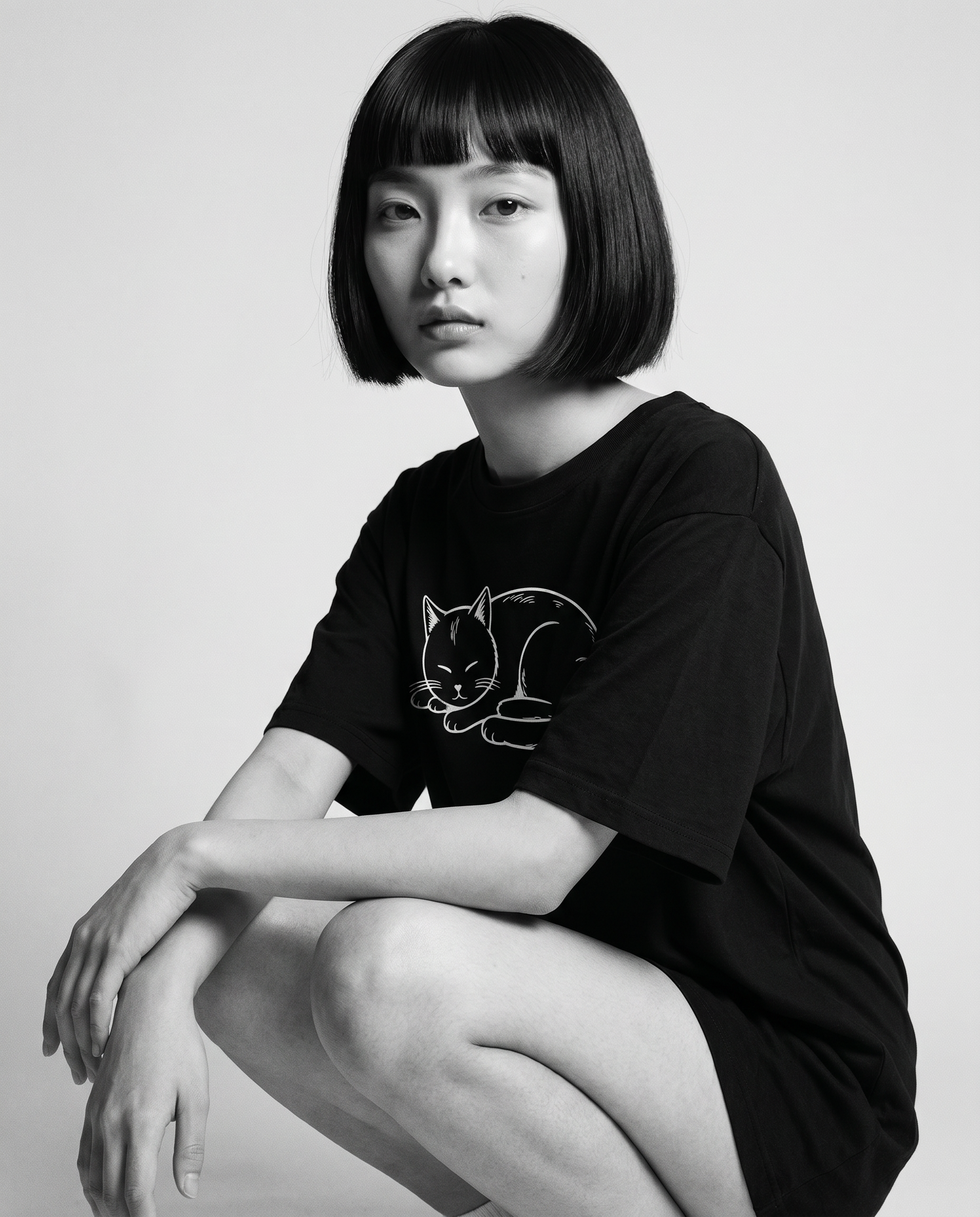 Nagi in the Kuroi Hirune Neko Tee — crouching