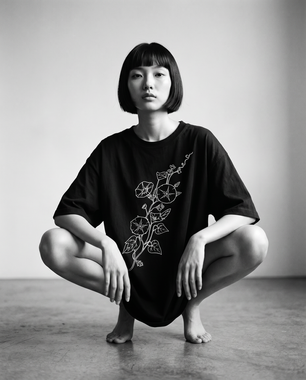 Nagi in the Kuroi Asagao Morning Glory Tee — crouching