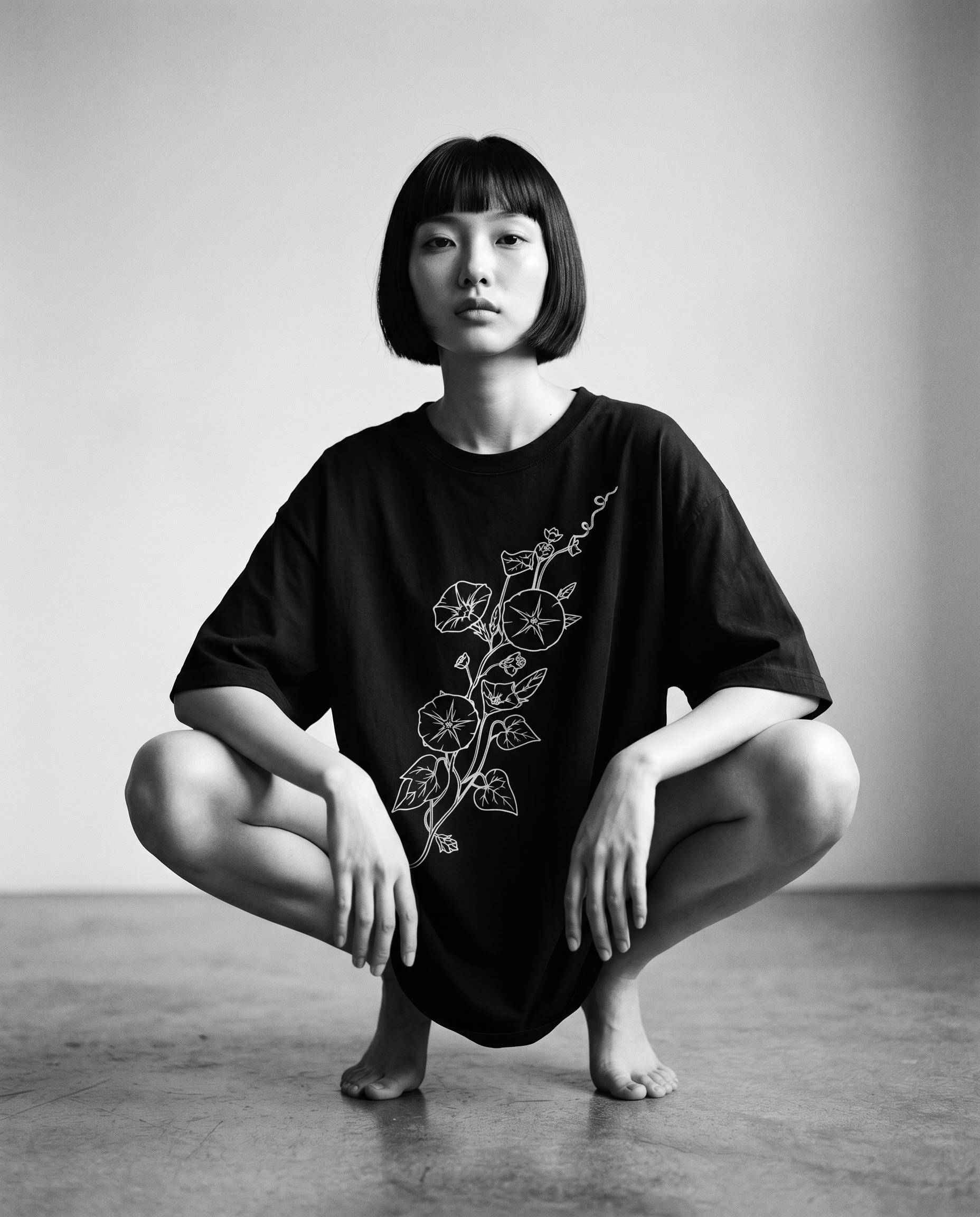 Nagi in the Kuroi Asagao Morning Glory Tee — crouching
