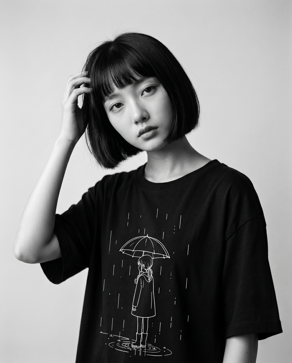 Nagi in the Kuroi Amamachi Tee — hand in hair