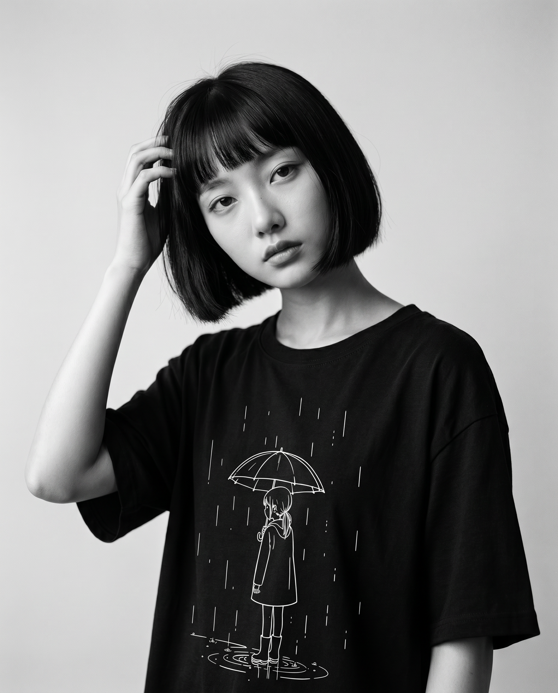 Nagi in the Kuroi Amamachi Tee — hand in hair