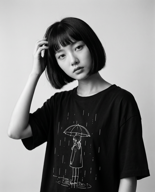 Nagi in the Kuroi Amamachi Tee — hand in hair