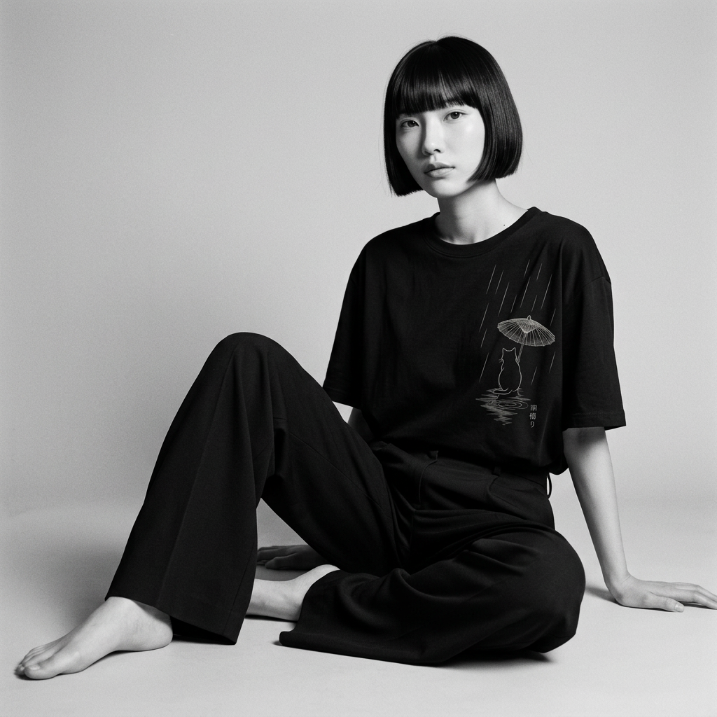Nagi in the Kuroi Rain Shelter Cat Tee — seated