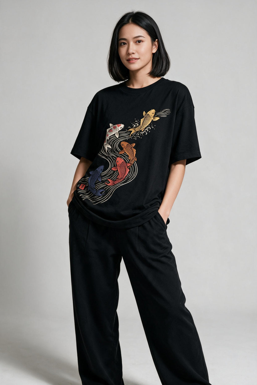 KUROI Koi Nobori oversized tee worn by model