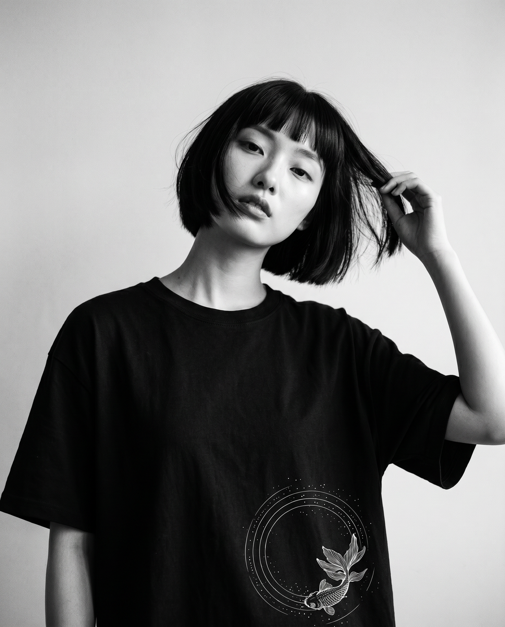 Nagi in the Kuroi Kingyo no Wa Tee — hand in hair