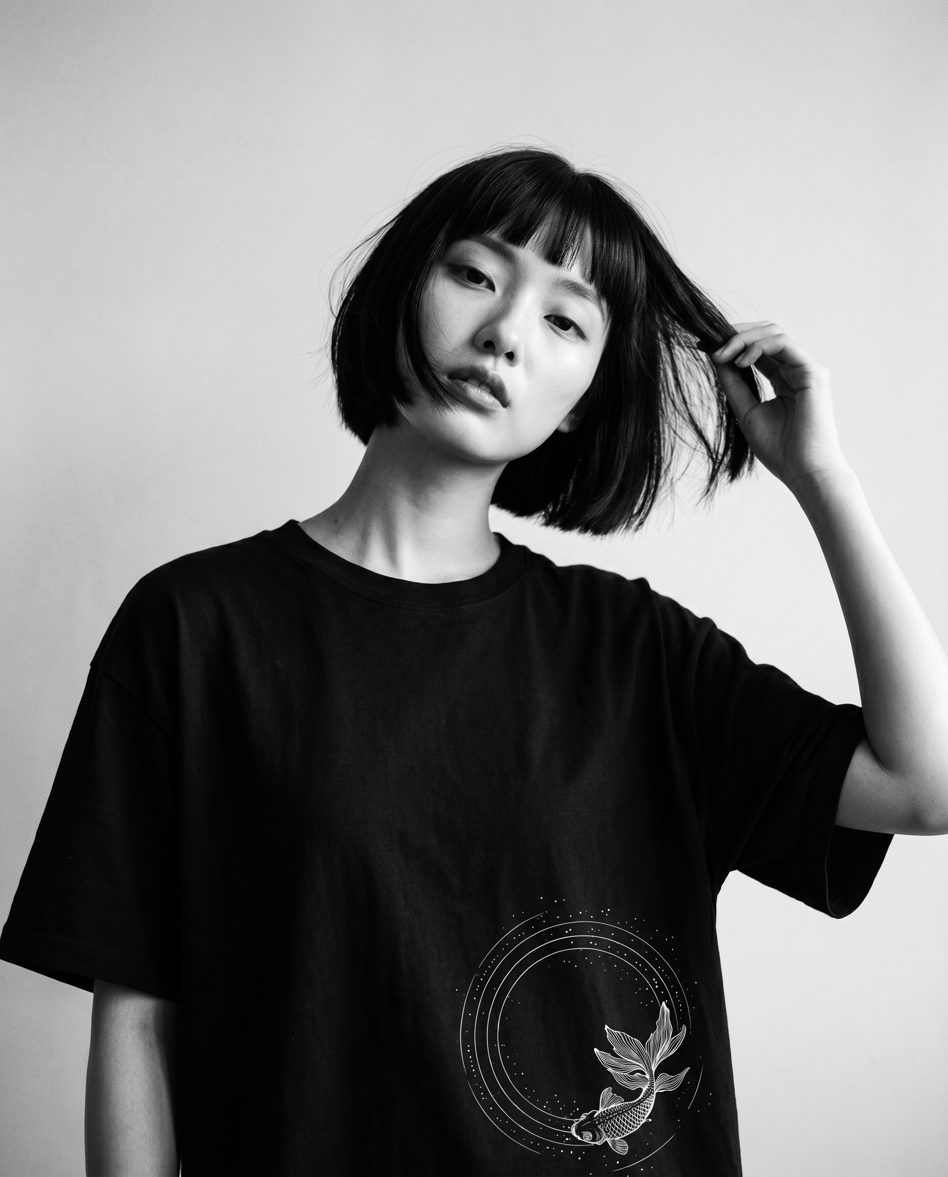 Nagi in the Kuroi Kingyo no Wa Tee — hand in hair