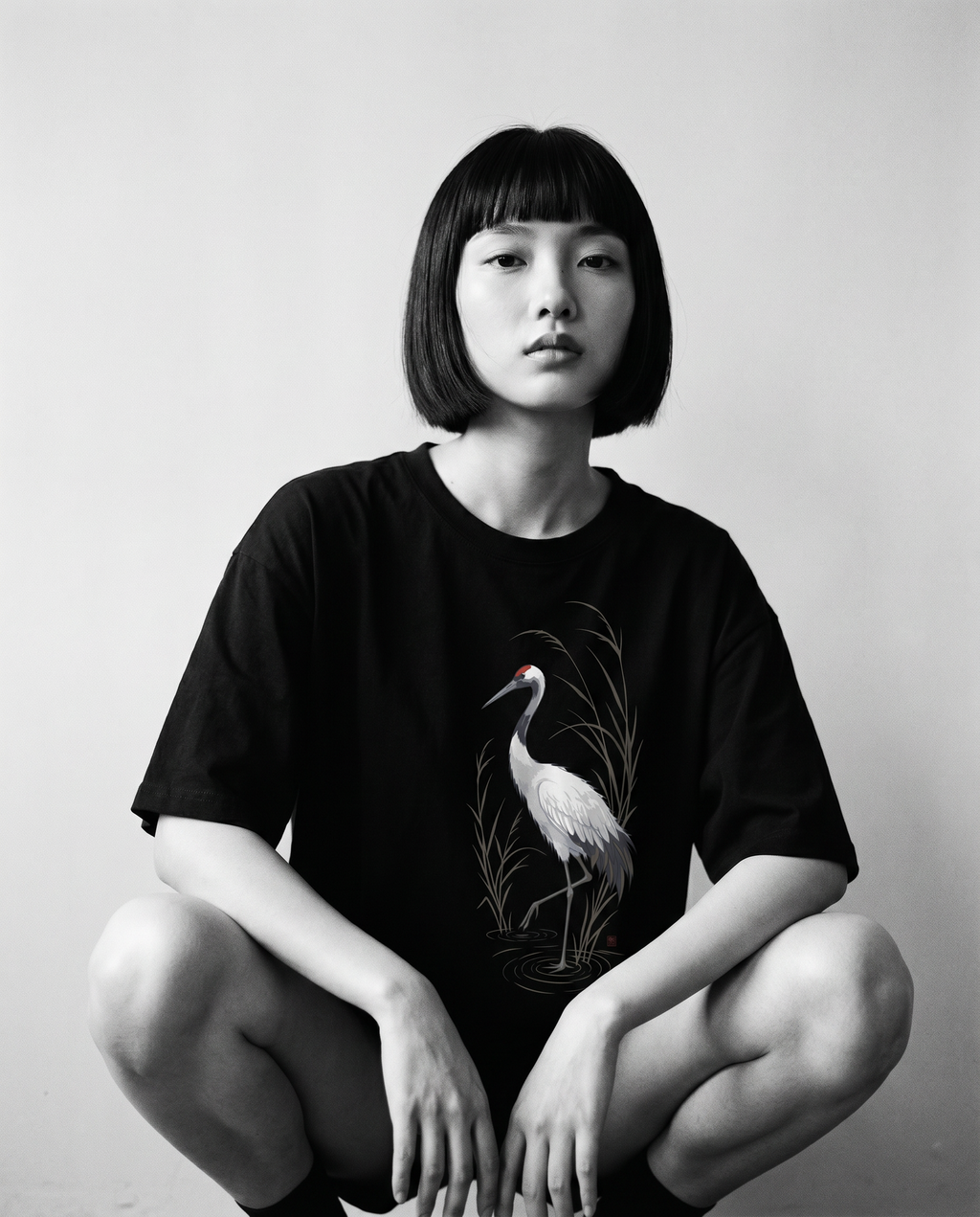 Nagi in the KUROI Tsuru Tee — crouching