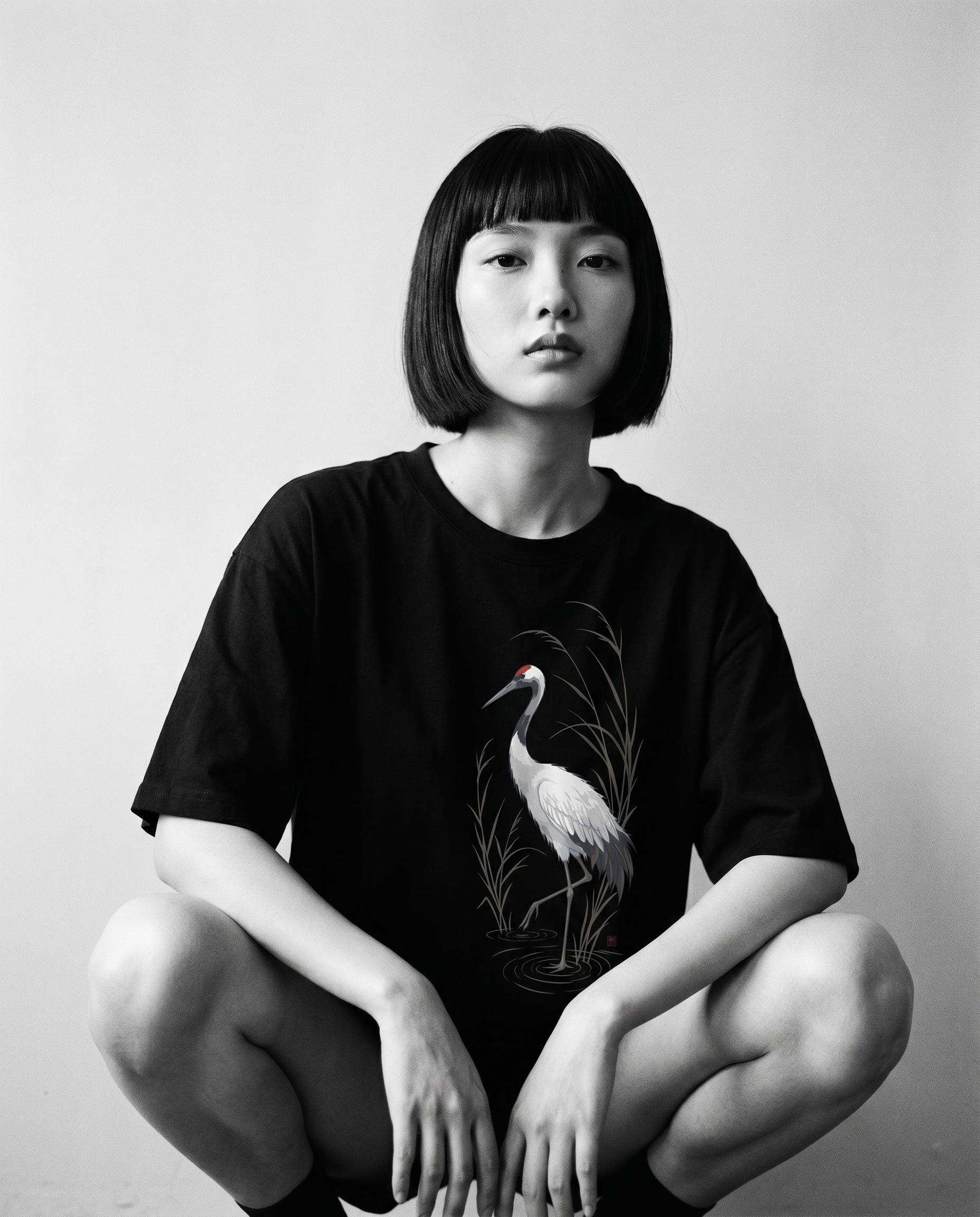 Nagi in the KUROI Tsuru Tee — crouching