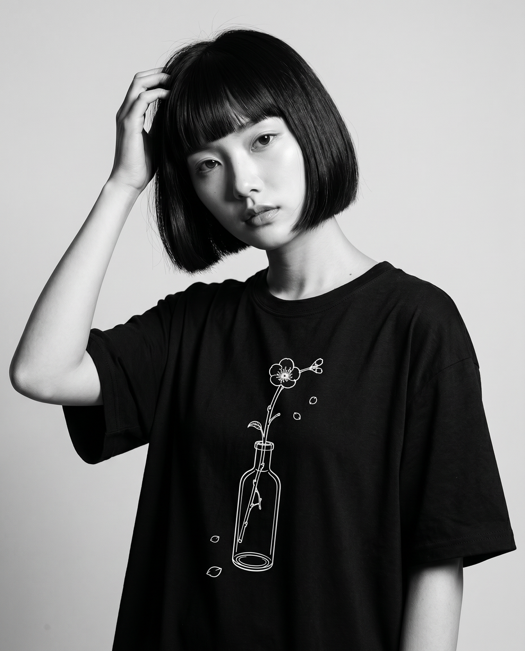 Nagi in the Kuroi Ume no Hana Tee — hand in hair