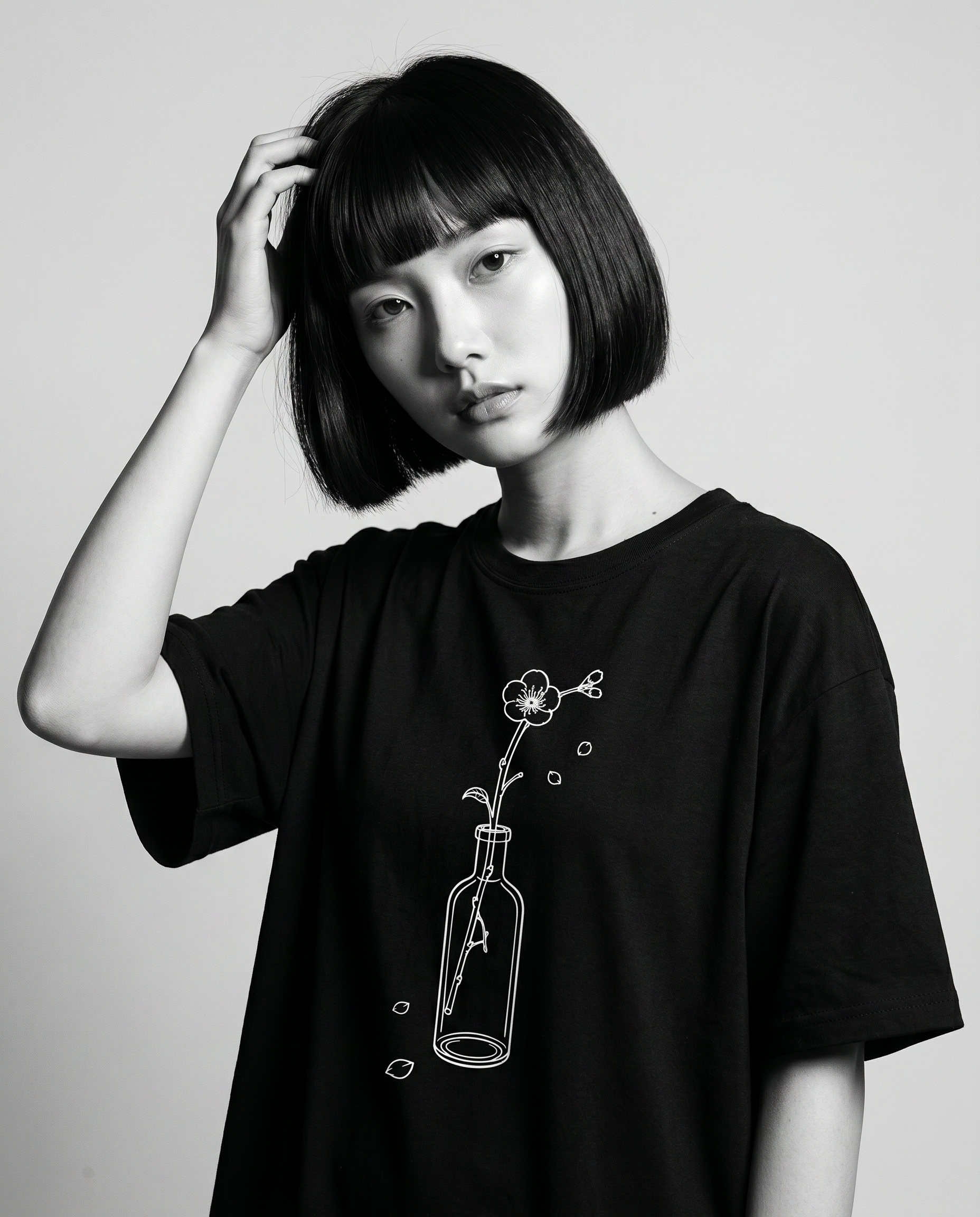 Nagi in the Kuroi Ume no Hana Tee — hand in hair