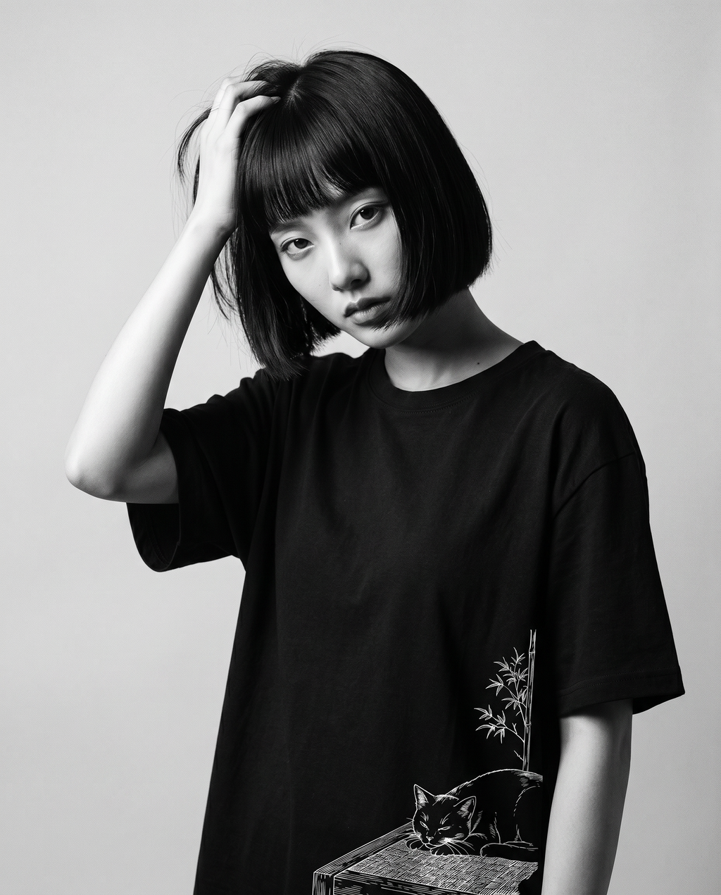 Nagi in the Kuroi Nemuri Neko Tee — hand in hair