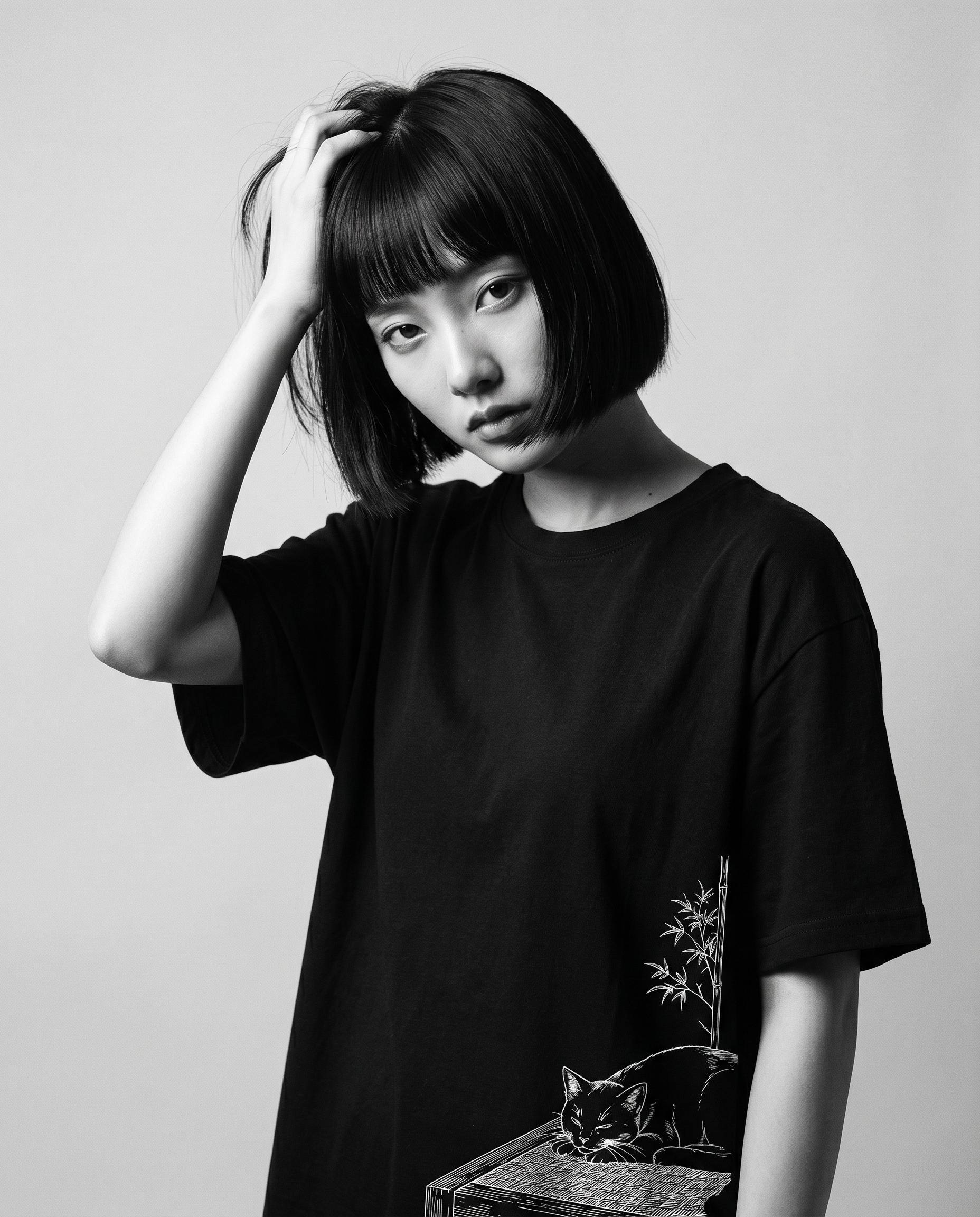 Nagi in the Kuroi Nemuri Neko Tee — hand in hair