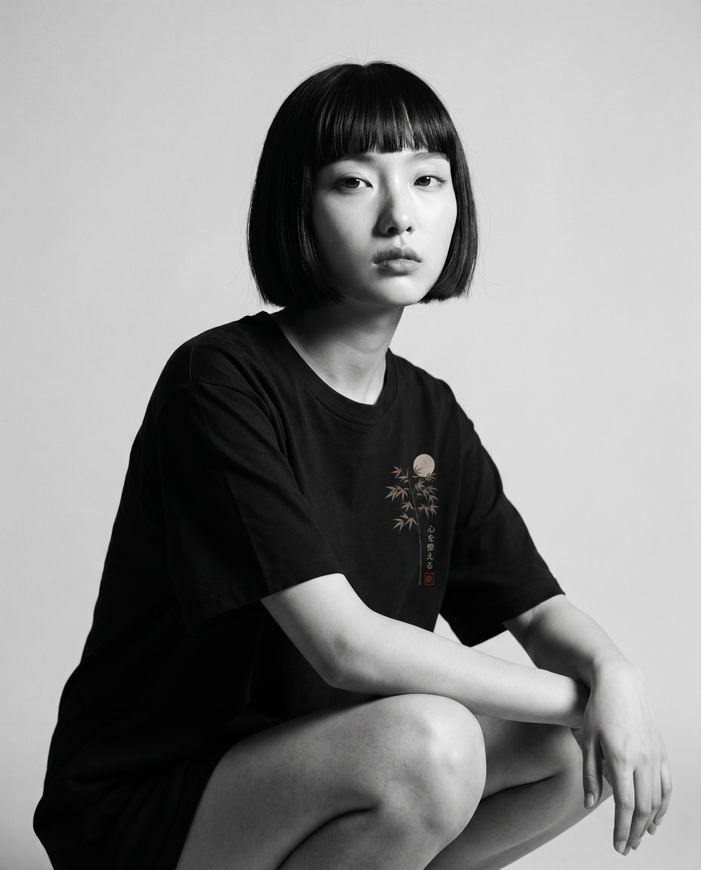 Nagi in the KUROI Kokoro wo Totonoeru Tee — crouching