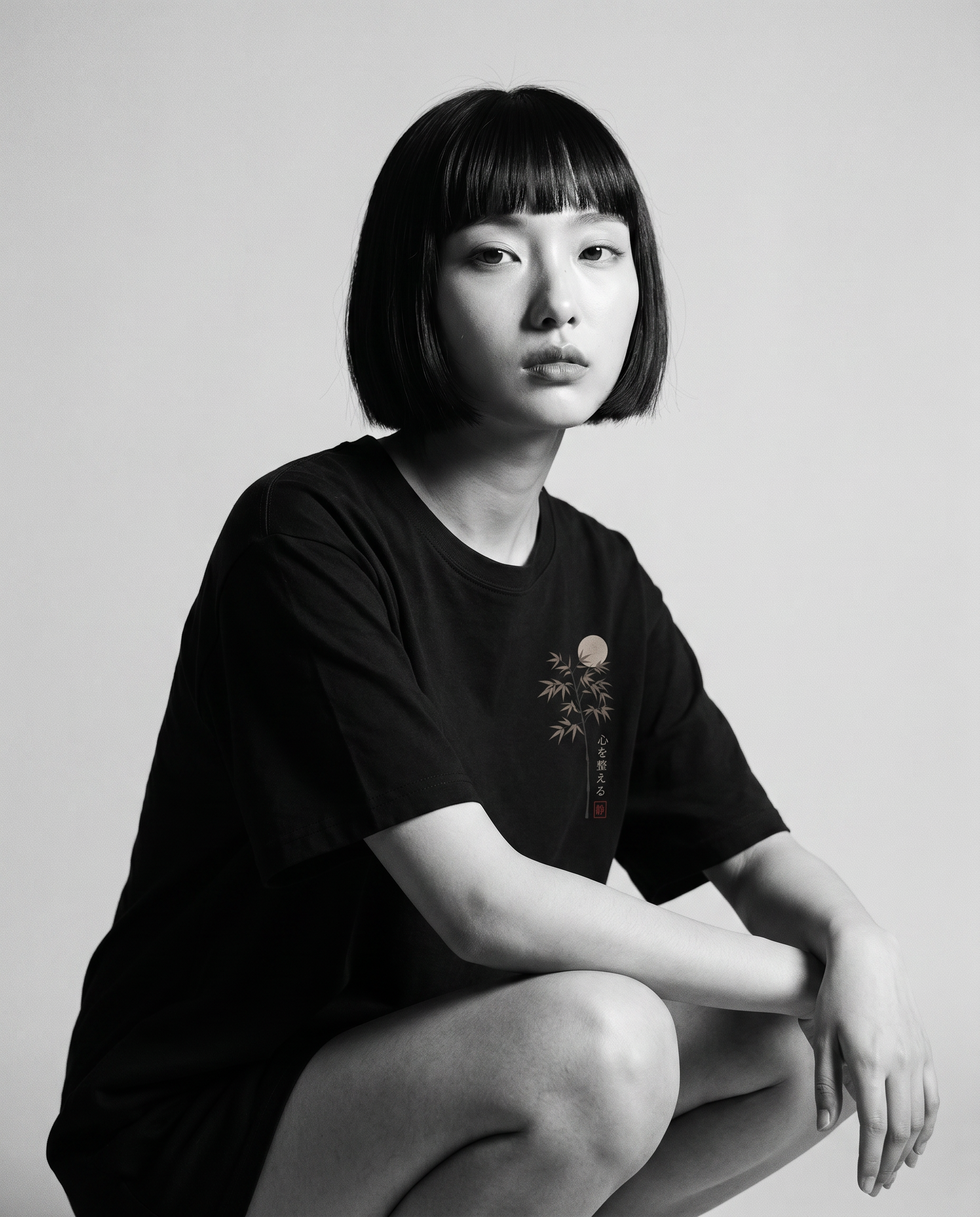 Nagi in the KUROI Kokoro wo Totonoeru Tee — crouching