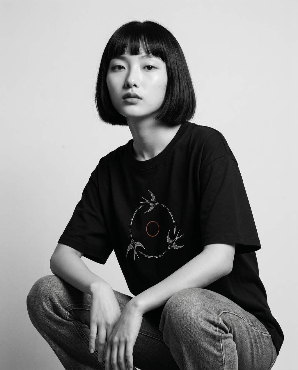 Nagi in the Kuroi Tsubame no Wa Tee — crouching