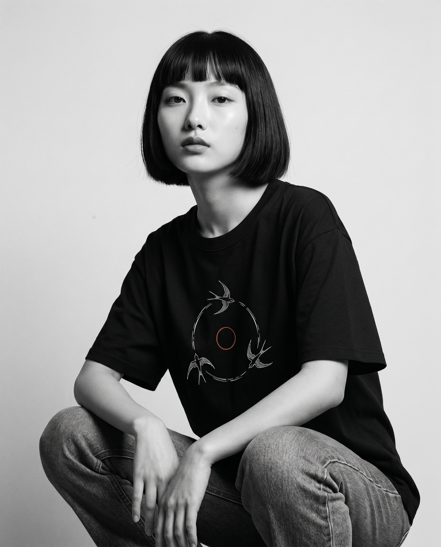 Nagi in the Kuroi Tsubame no Wa Tee — crouching