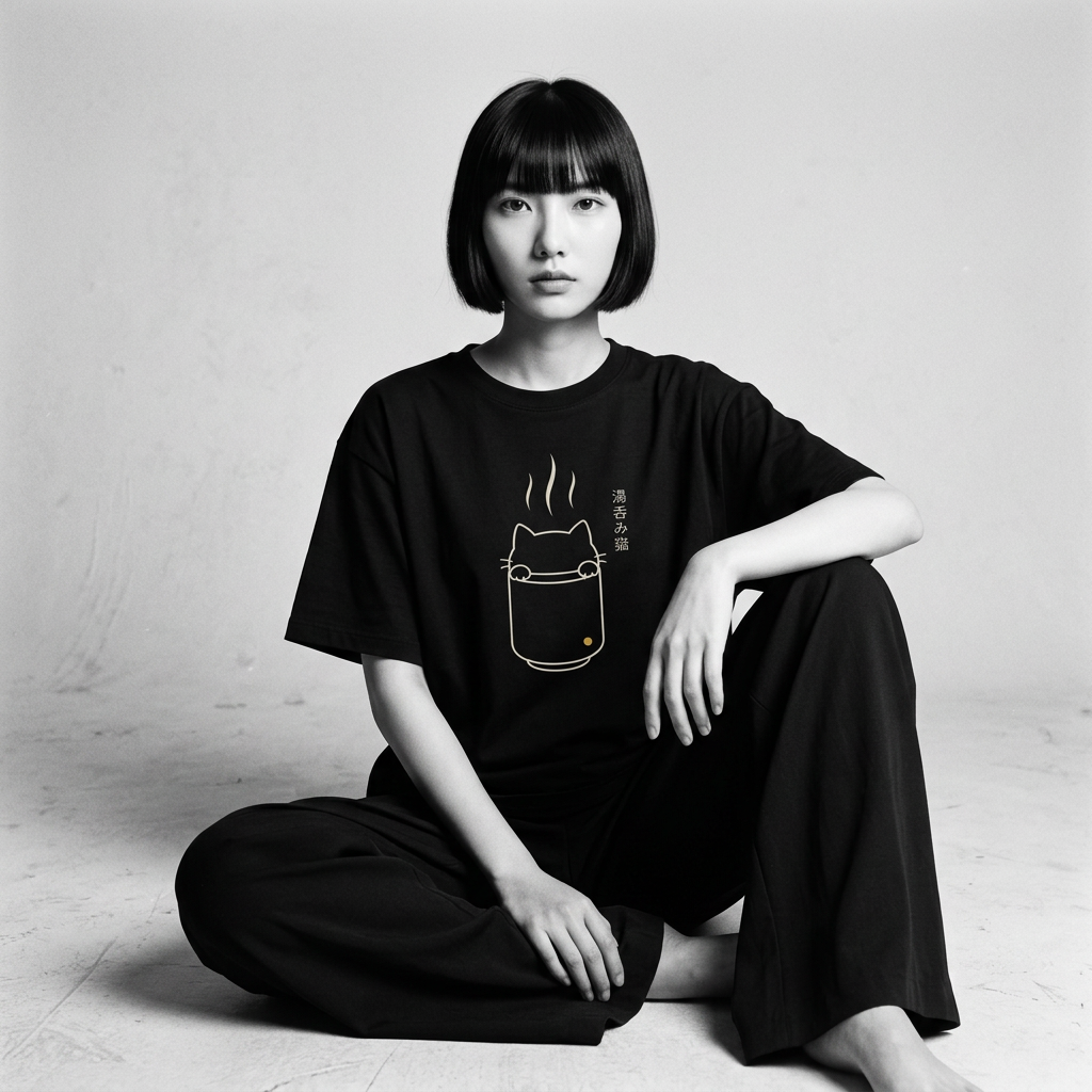 Nagi in the Kuroi Steamy Cat Tee — seated