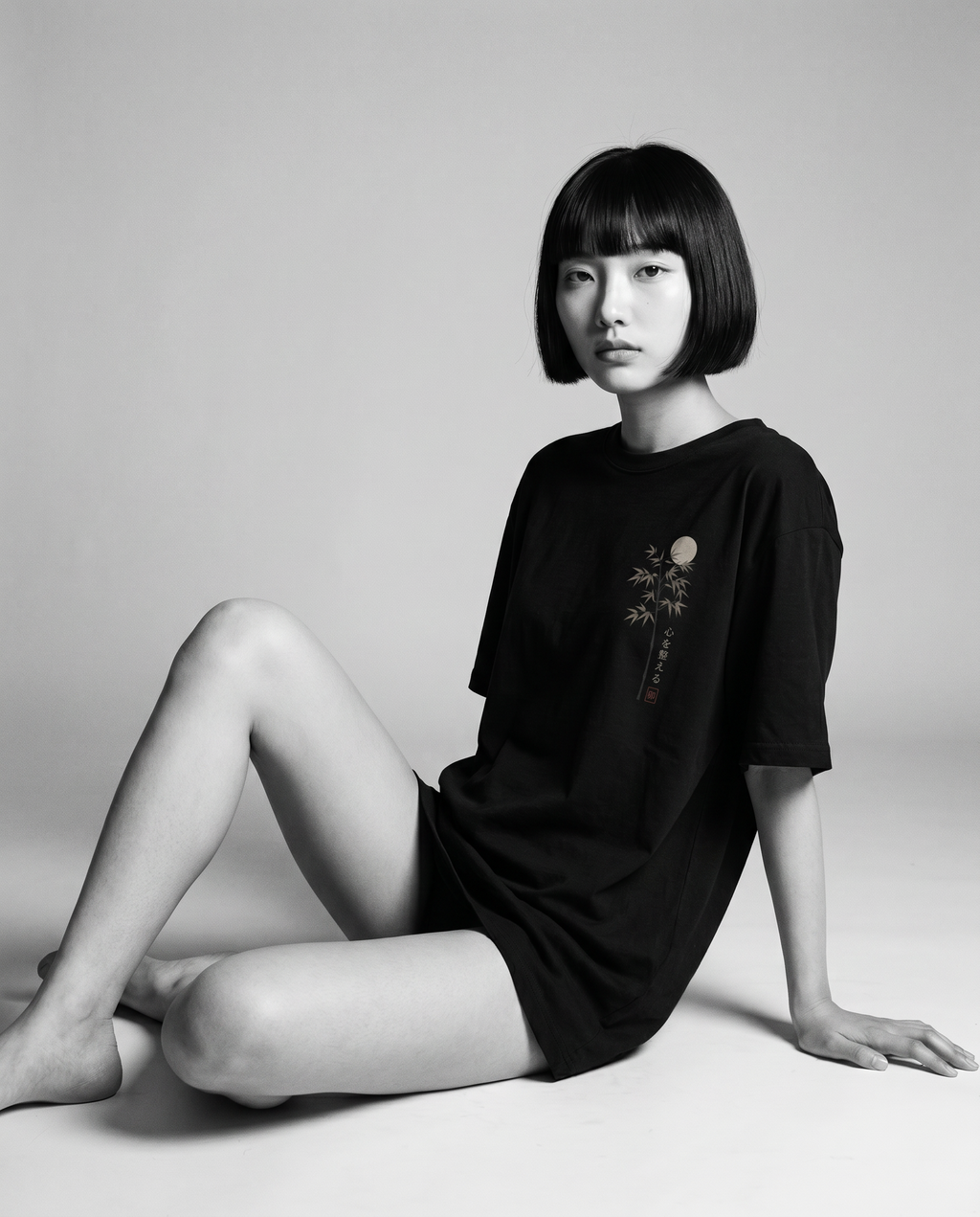 Nagi in the KUROI Kokoro wo Totonoeru Tee — seated