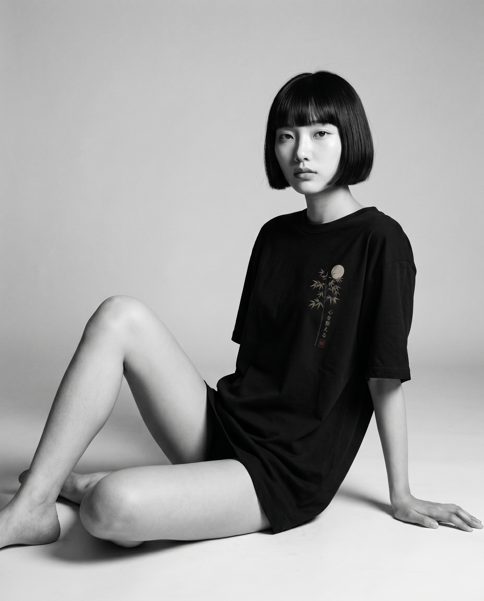 Nagi in the KUROI Kokoro wo Totonoeru Tee — seated