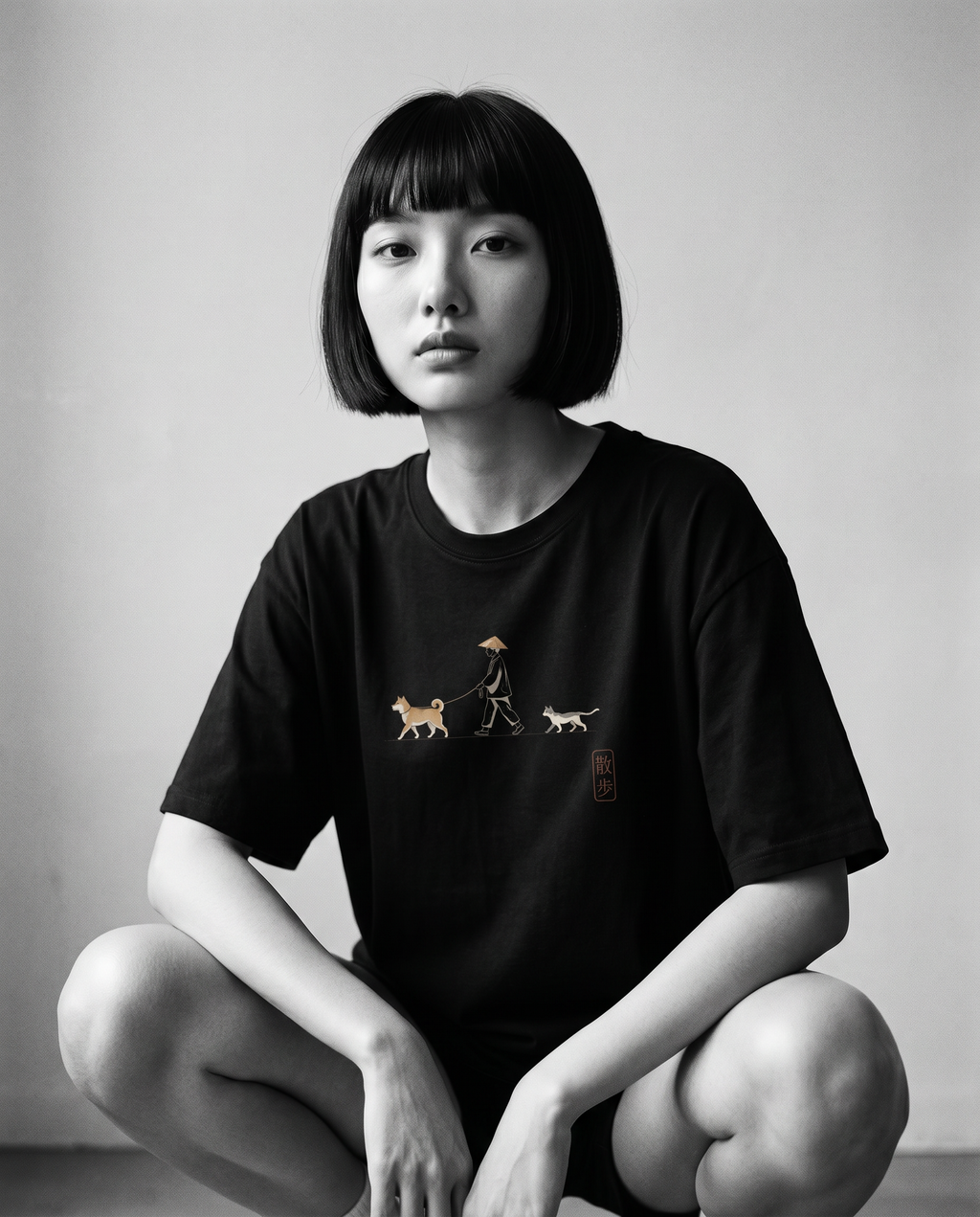 Nagi in the KUROI Yoru no Sanpo Tee — crouching