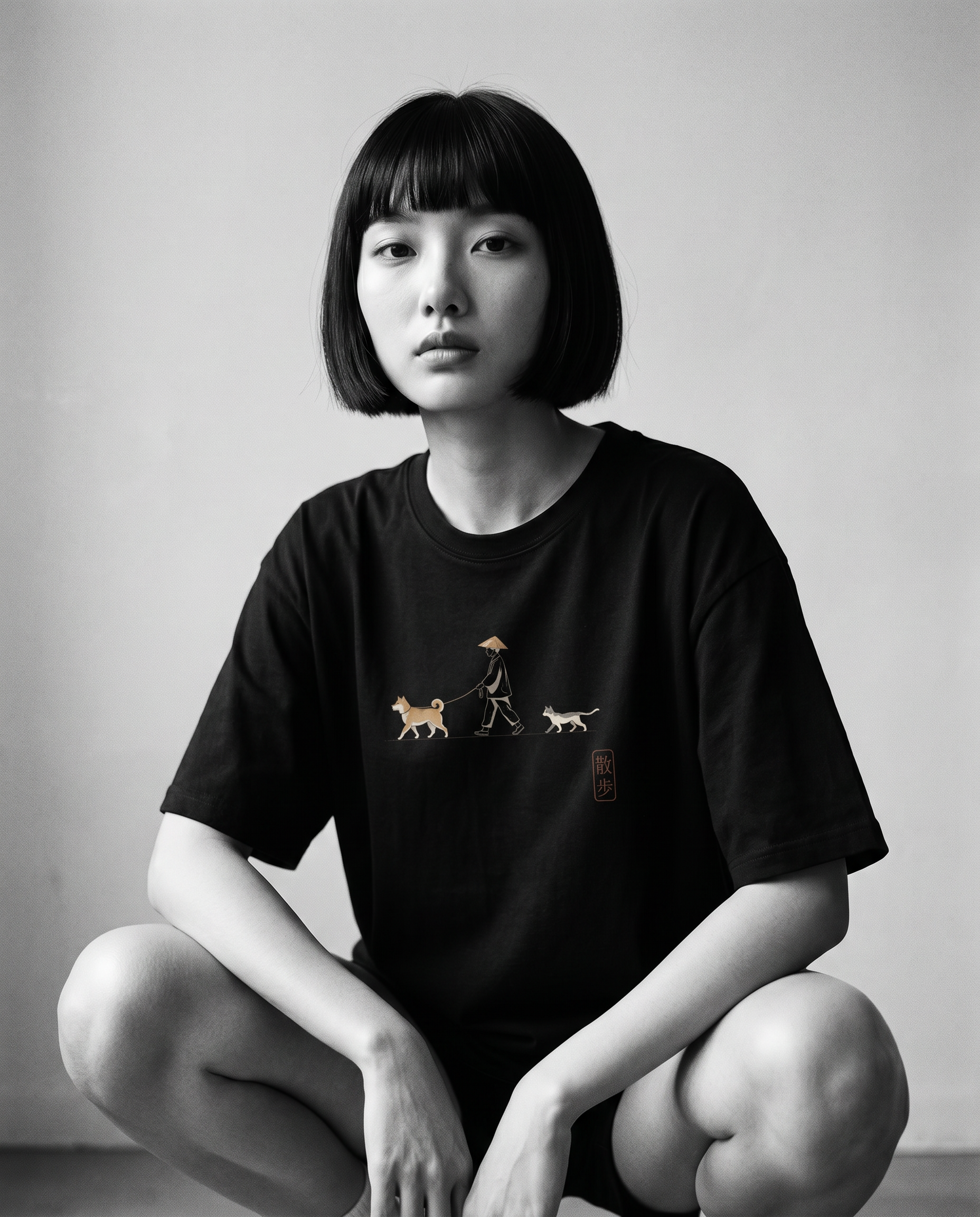 Nagi in the KUROI Yoru no Sanpo Tee — crouching