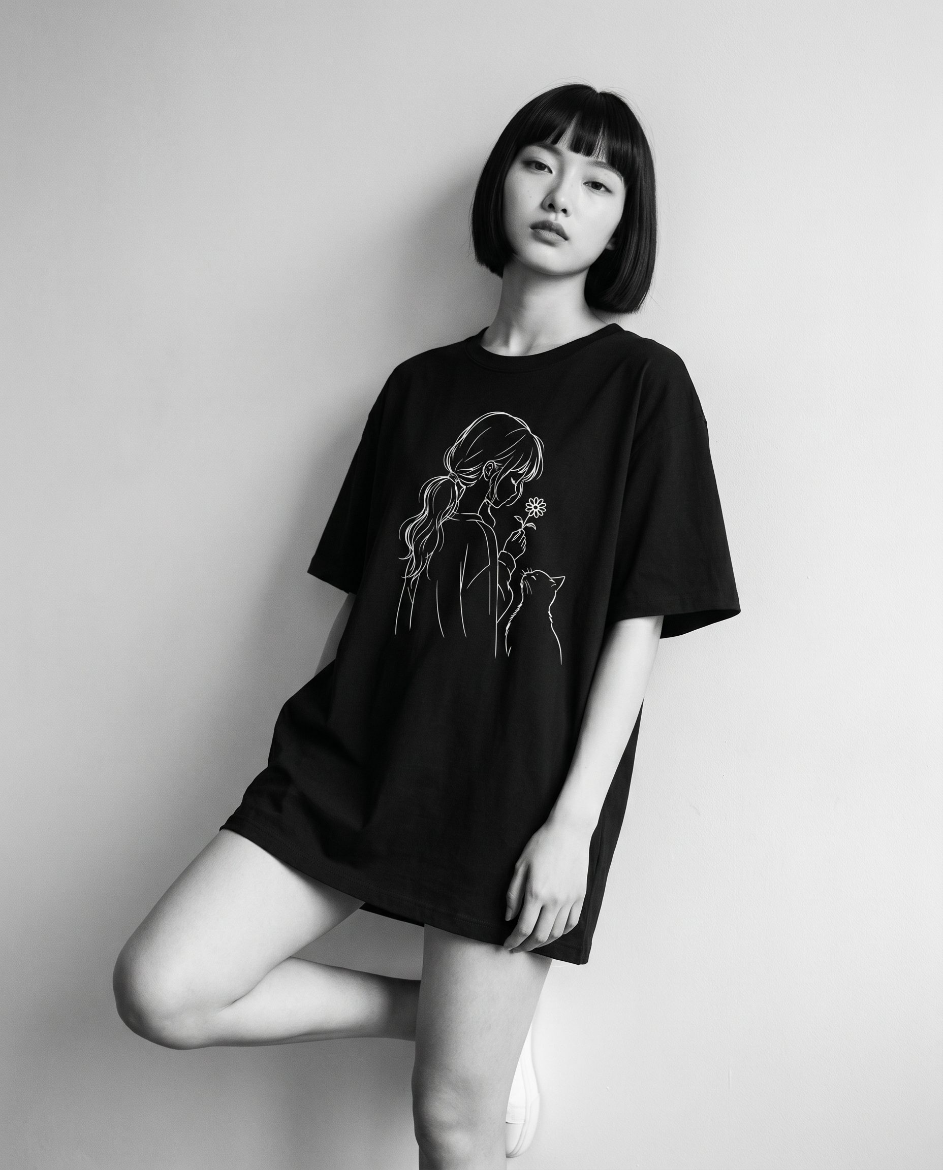 Nagi in the Kuroi Hana to Hige Tee — leaning
