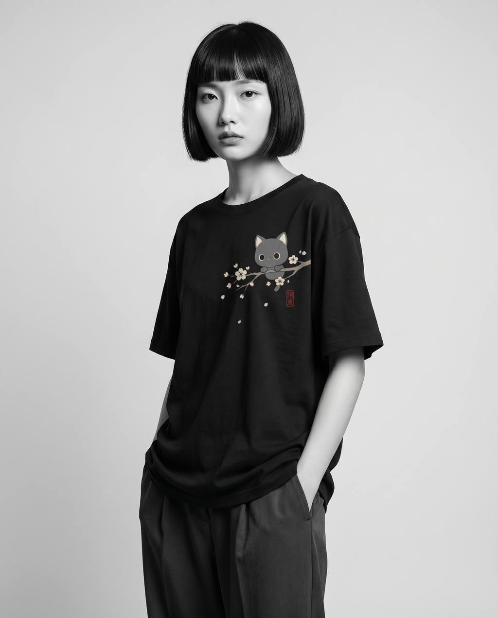 Nagi wearing the KUROI Sakura Neko Tee — hands in pockets